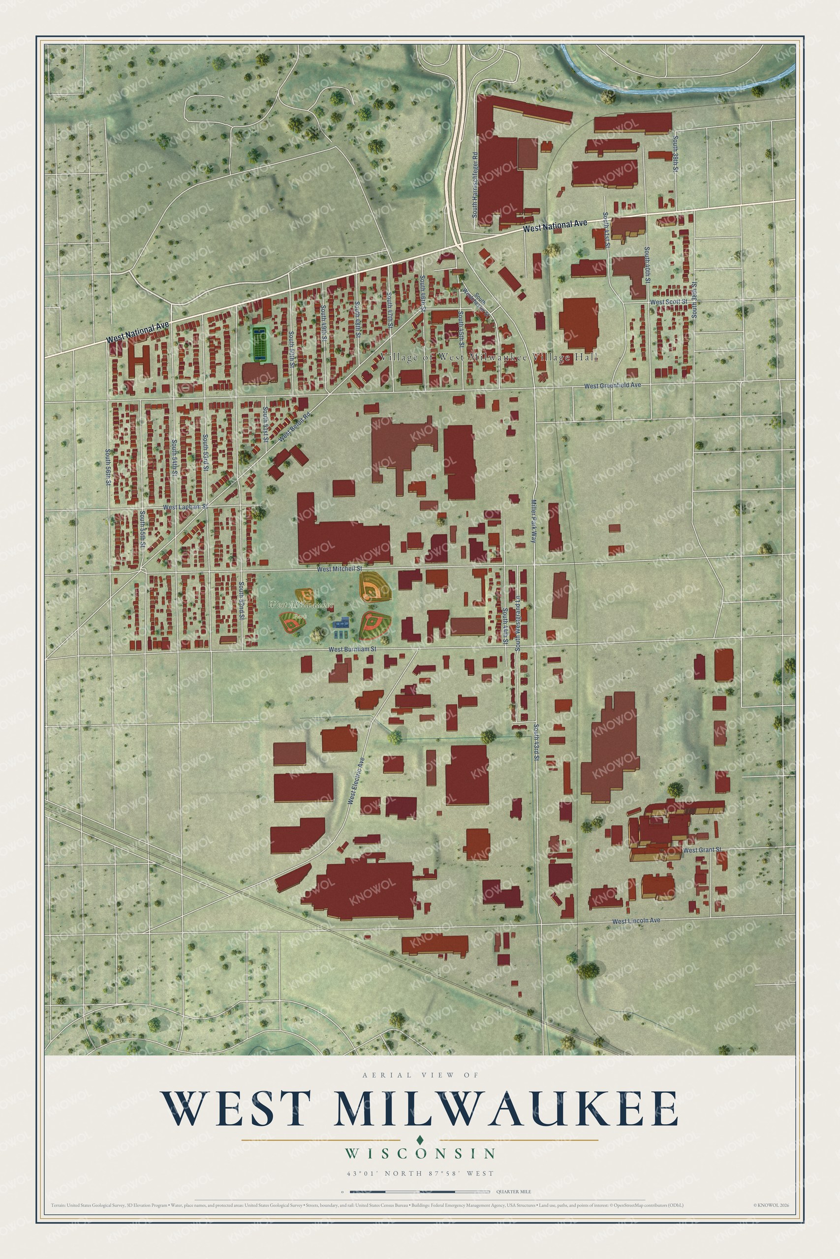 Full map of West Milwaukee, Wisconsin, with red buildings, printed street names and the land around them