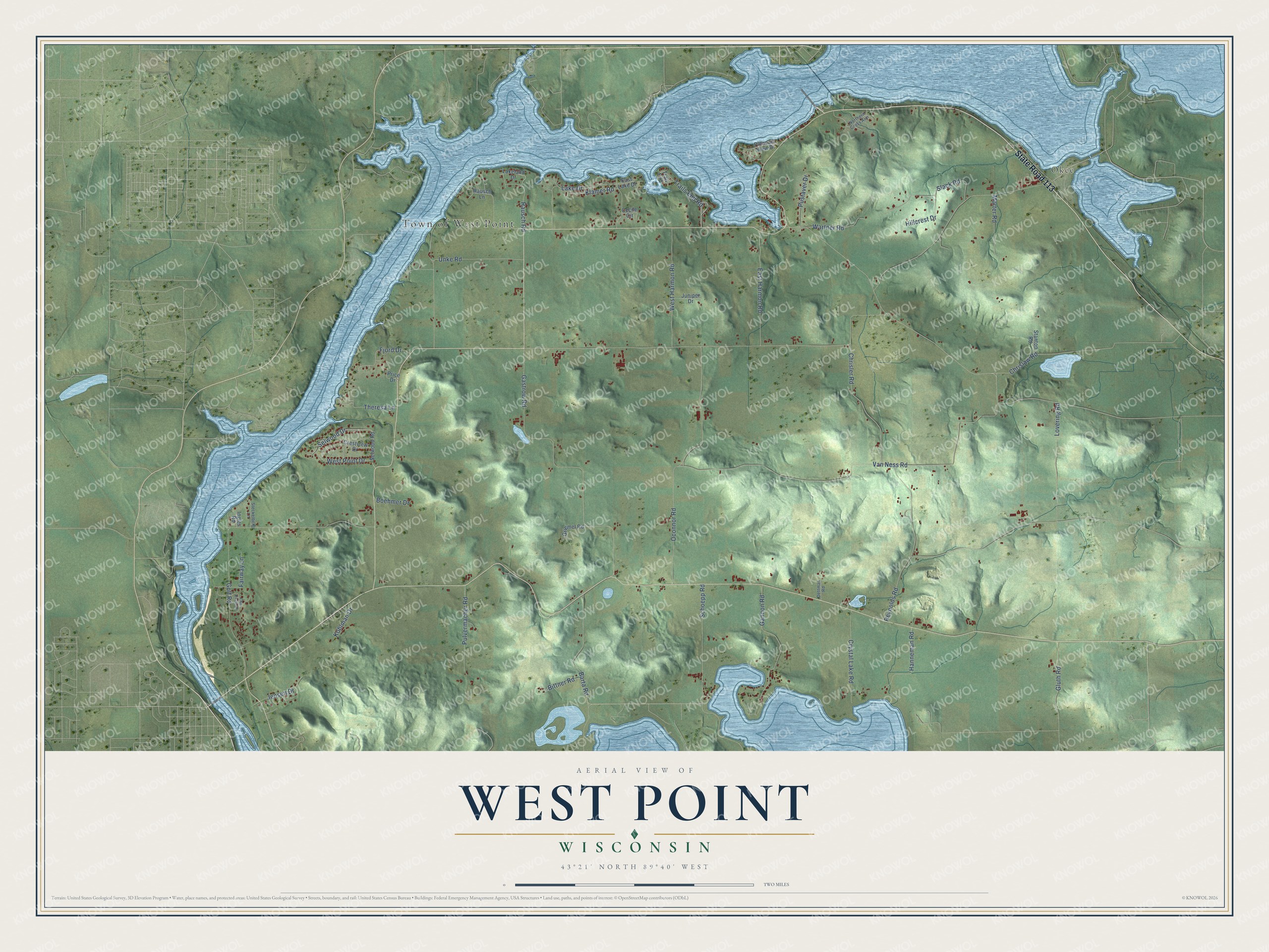 Full map of West Point, Wisconsin, with red buildings, printed street names and the land around them