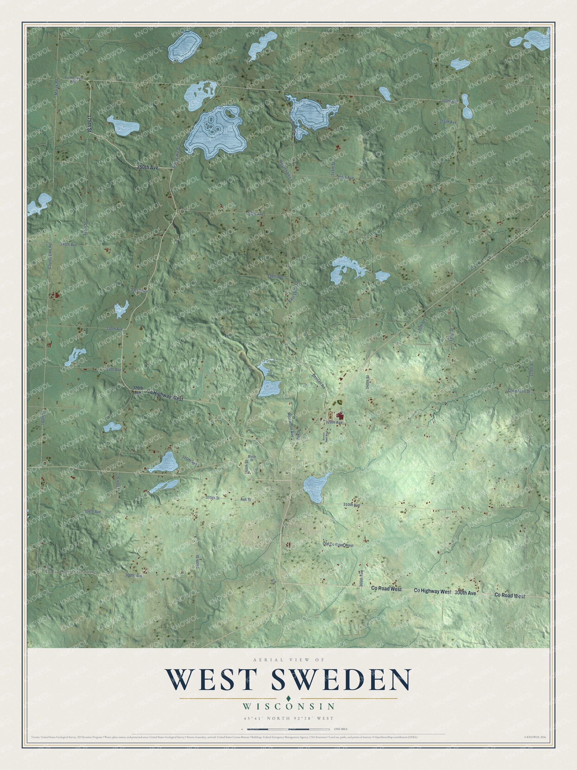 Full map of West Sweden, Wisconsin, with red buildings, printed street names and the land around them
