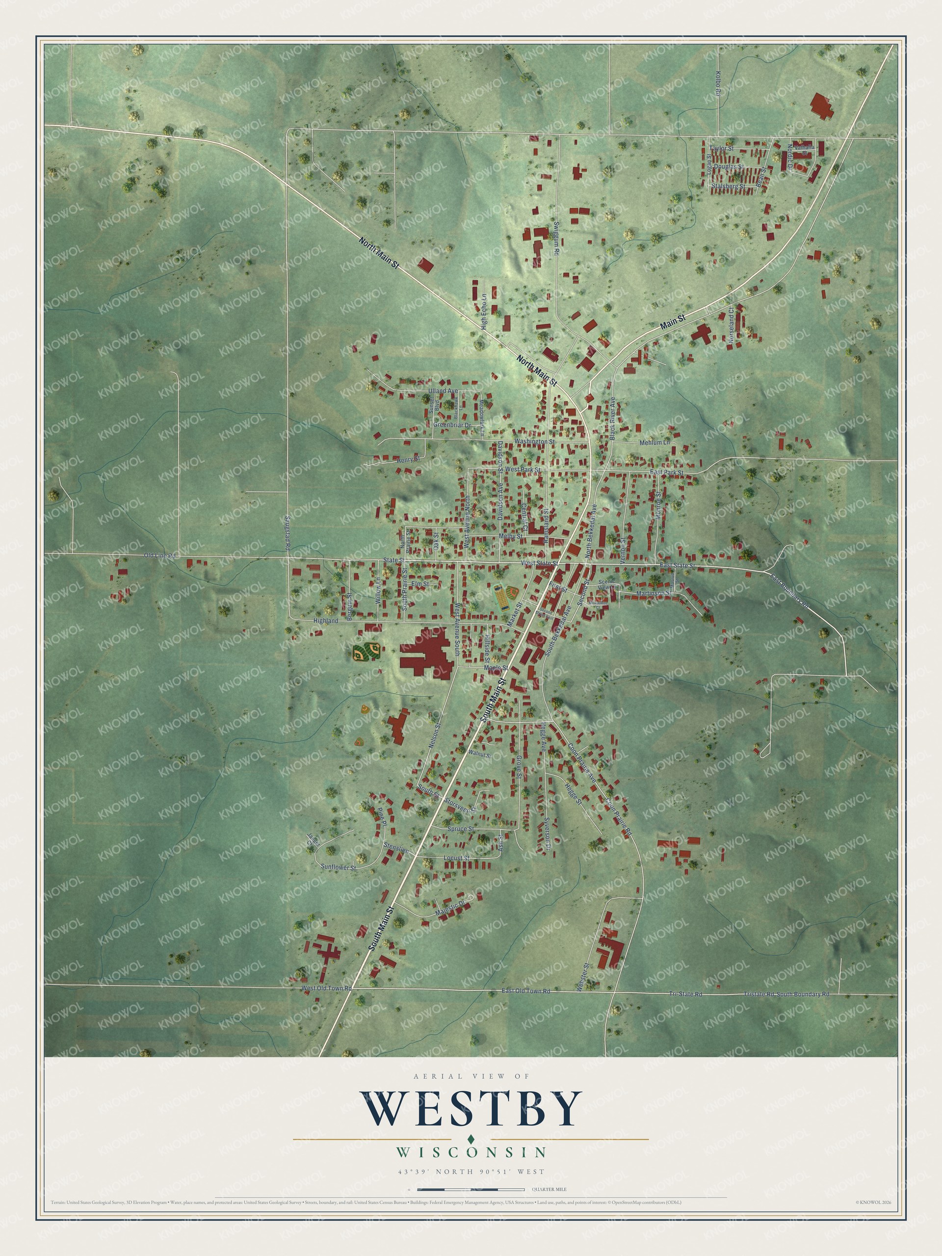 Full map of Westby, Wisconsin, with red buildings, printed street names and the land around them