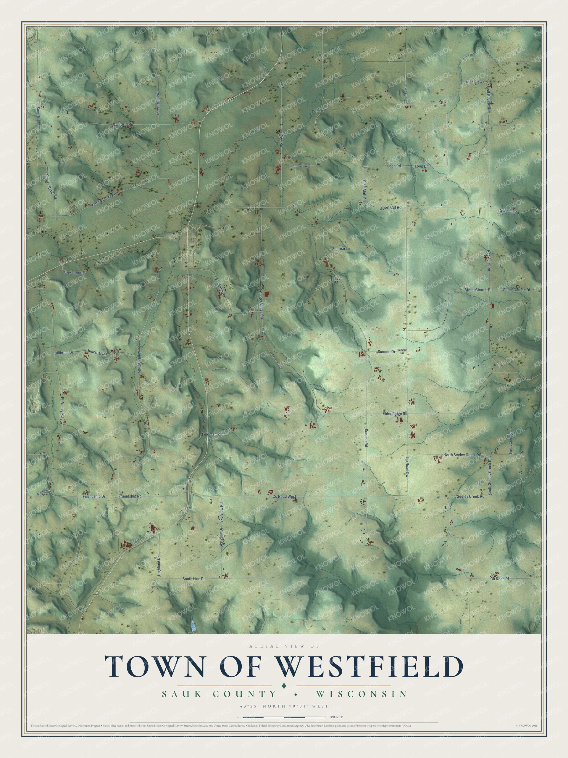 Full map of Westfield, Wisconsin, with red buildings, printed street names and the land around them