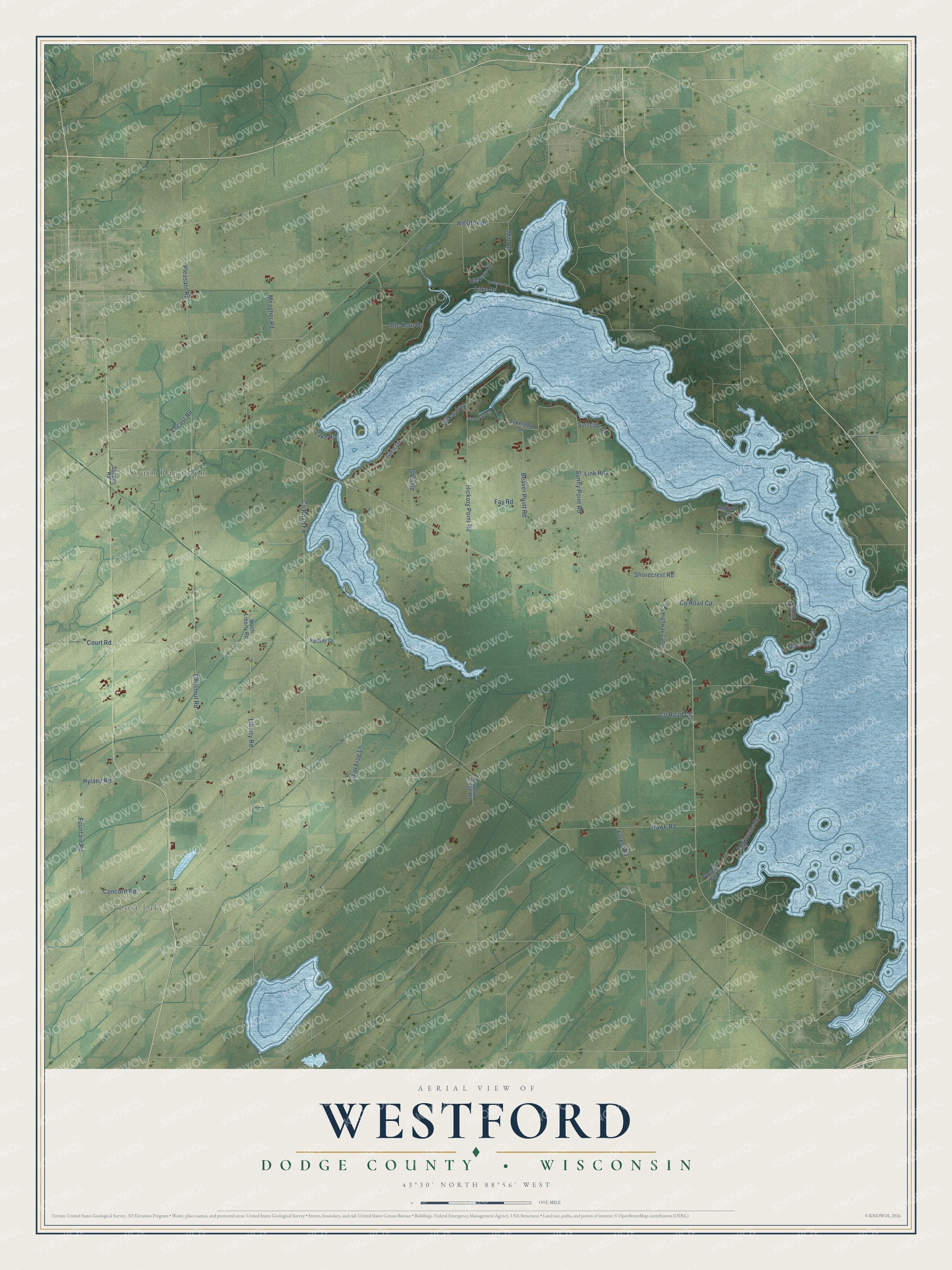 Full map of Westford, Wisconsin, with red buildings, printed street names and the land around them