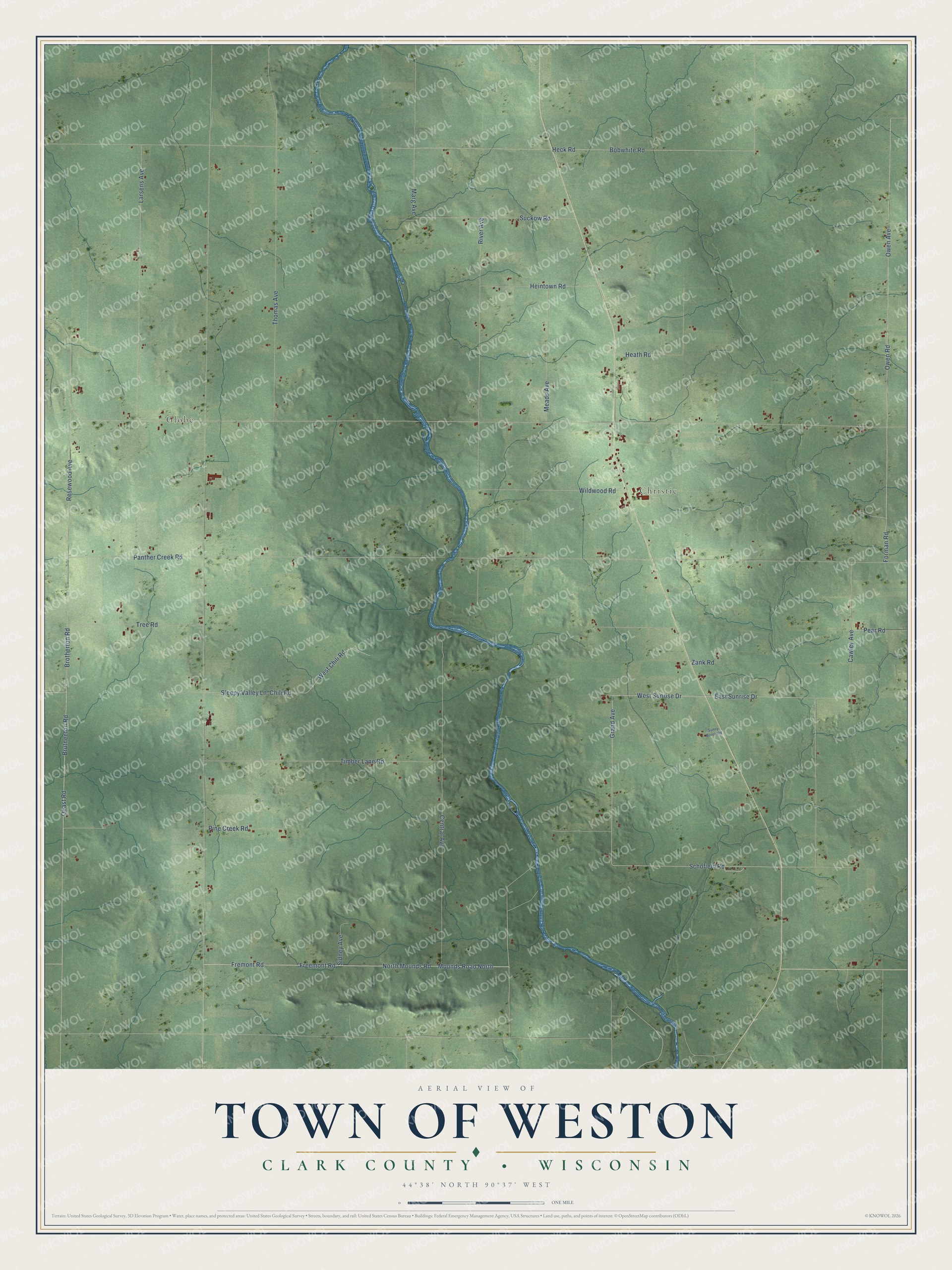 Full map of Weston, Wisconsin, with red buildings, printed street names and the land around them