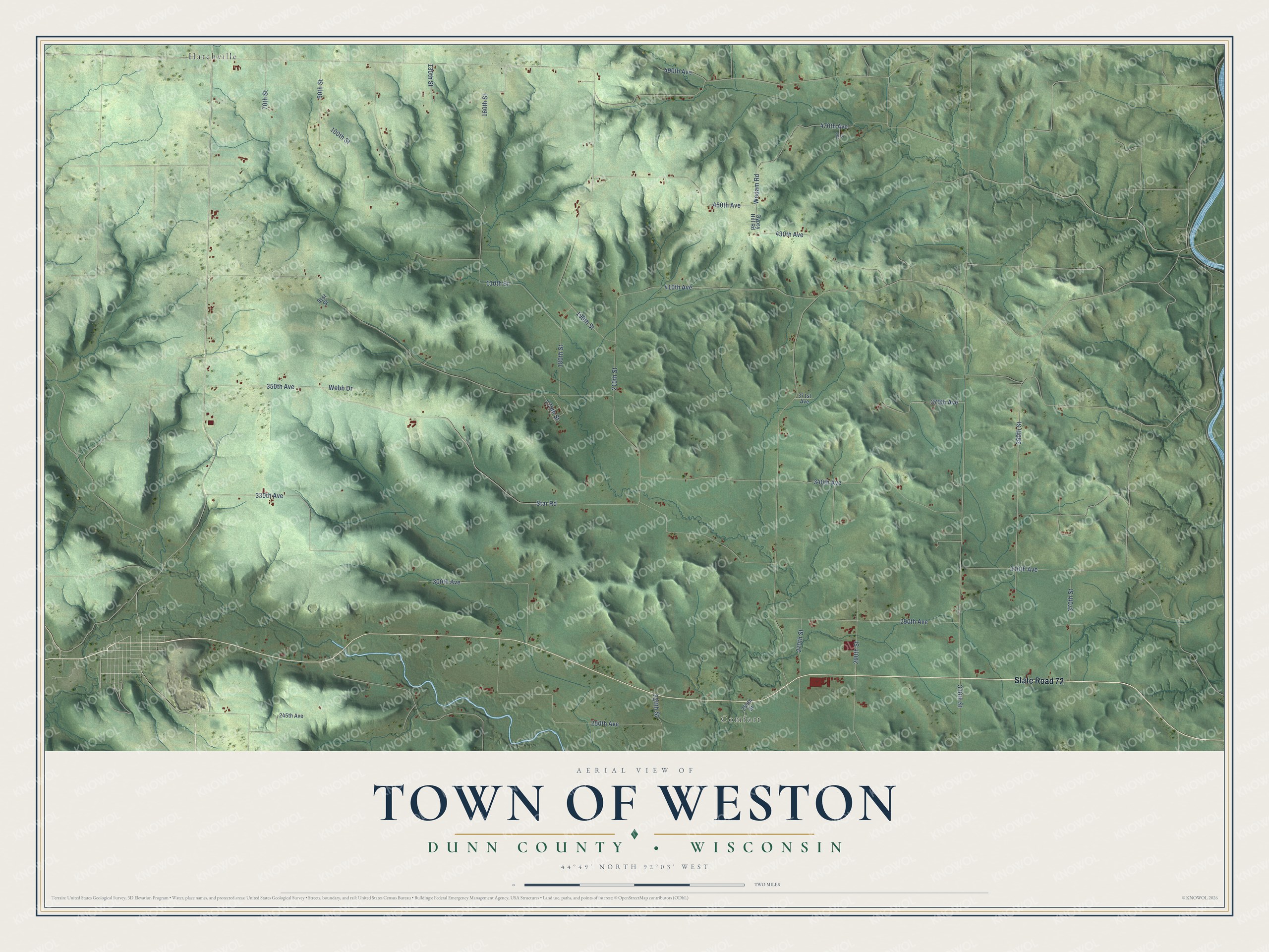 Full map of Weston, Wisconsin, with red buildings, printed street names and the land around them