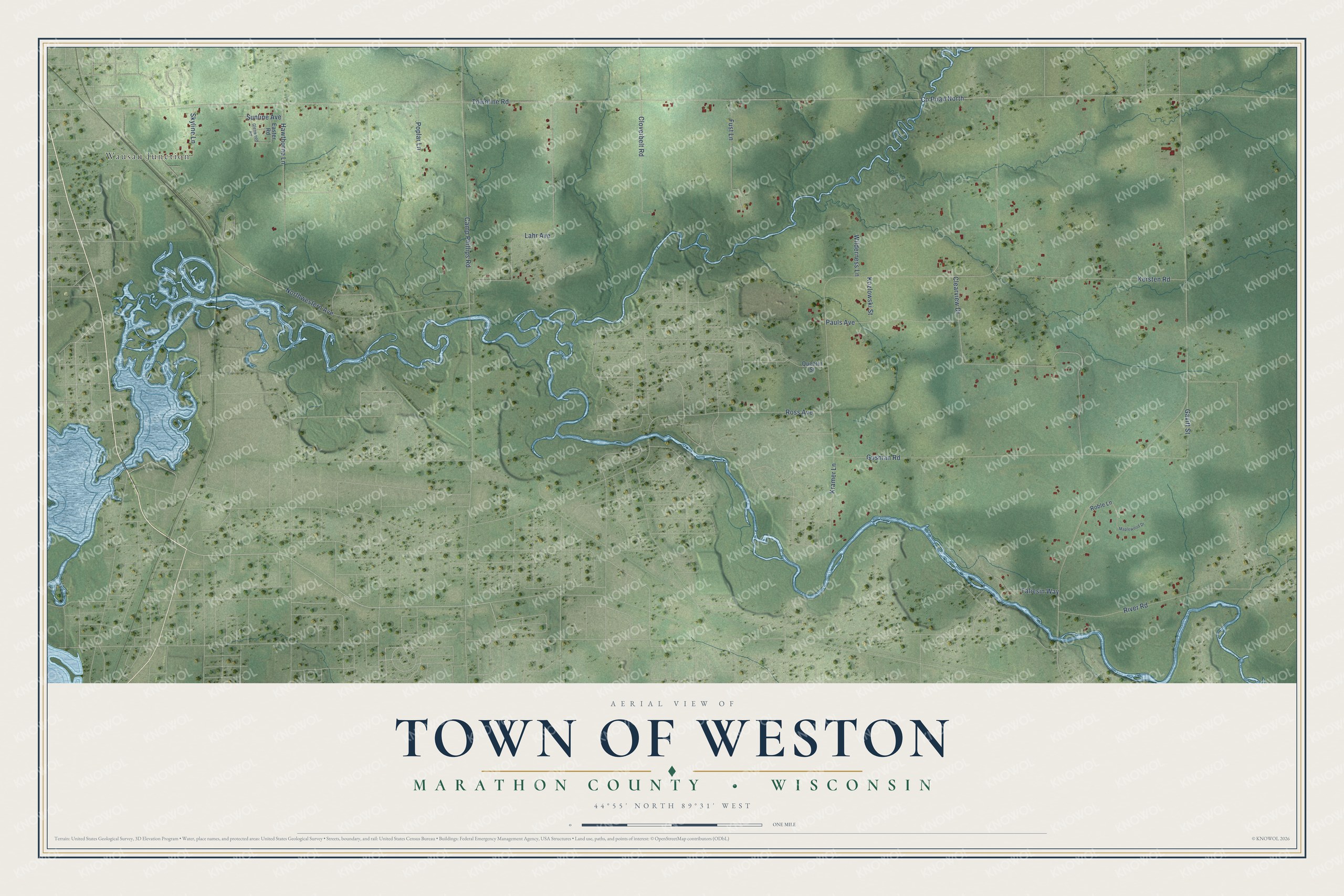Full map of Weston, Wisconsin, with red buildings, printed street names and the land around them