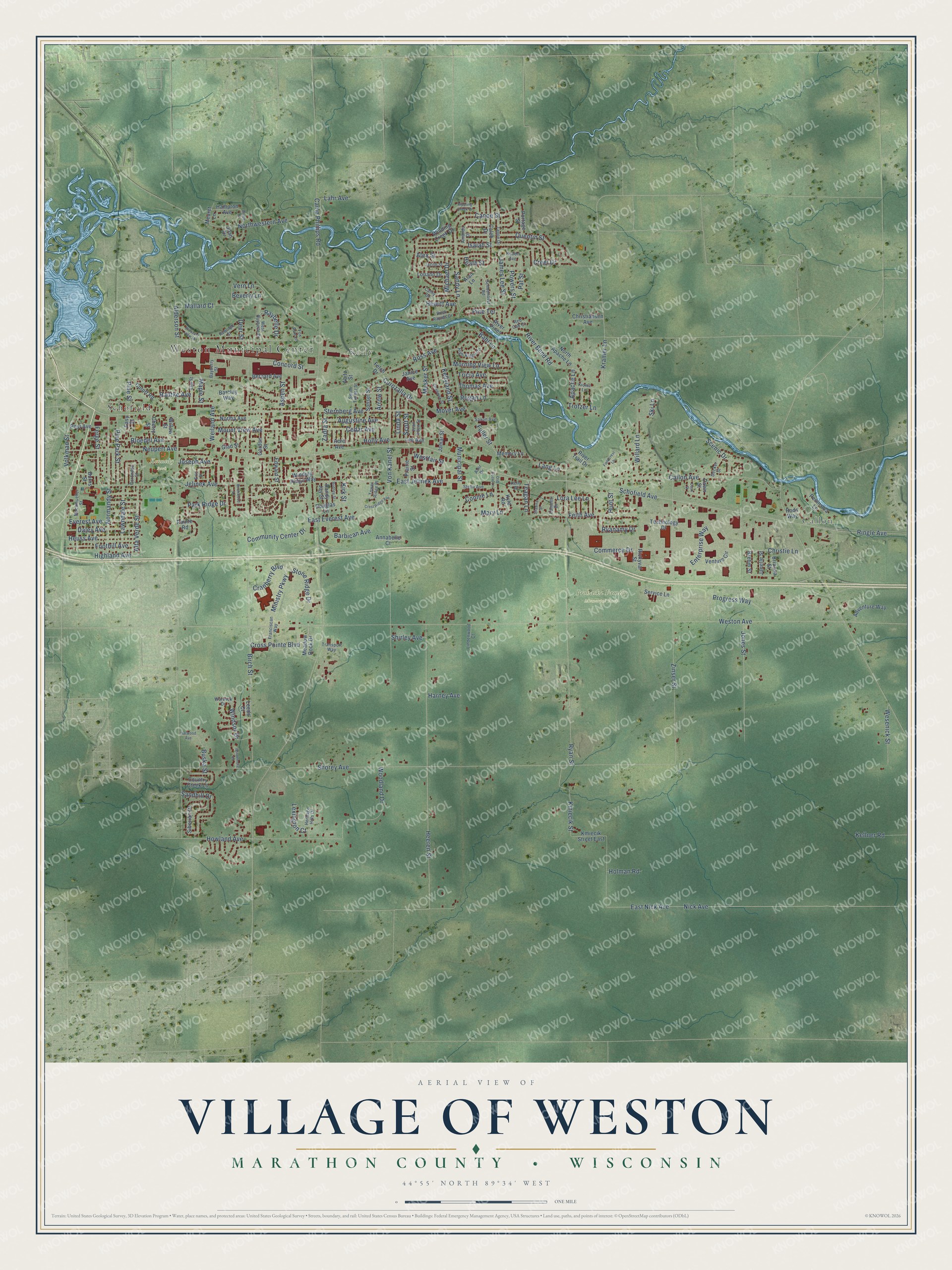 Full map of Weston, Wisconsin, with red buildings, printed street names and the land around them