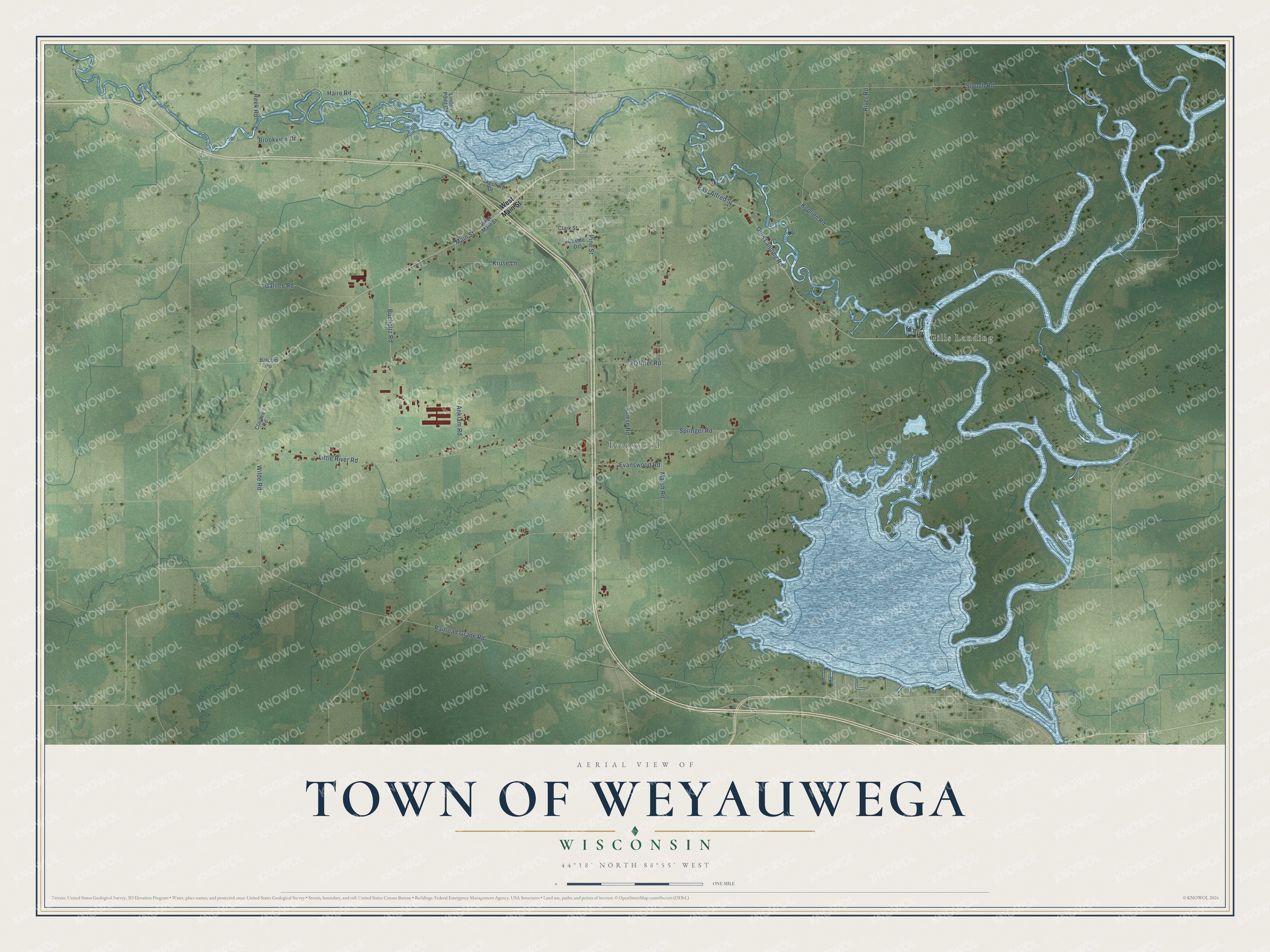Full map of Weyauwega, Wisconsin, with red buildings, printed street names and the land around them