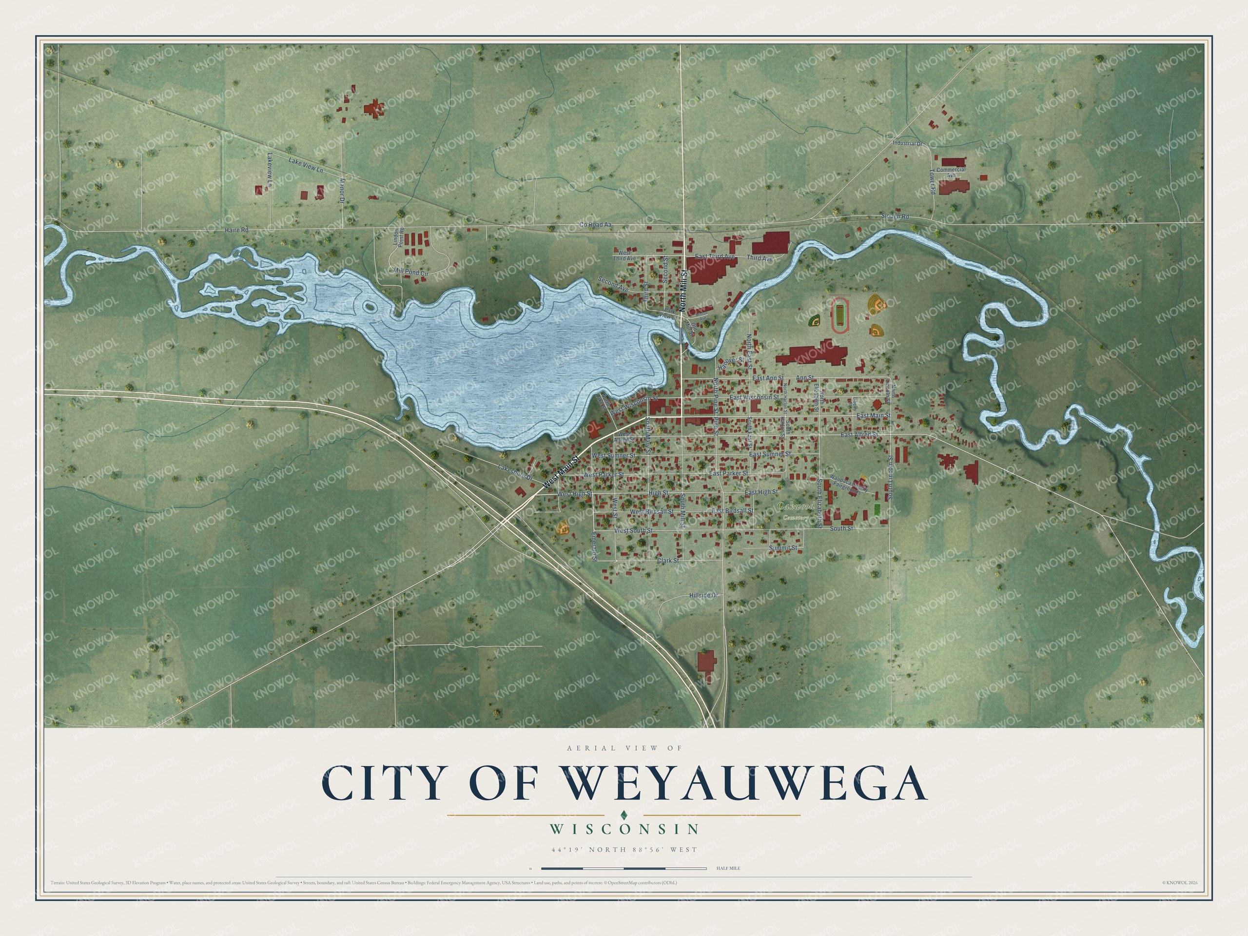 Full map of Weyauwega, Wisconsin, with red buildings, printed street names and the land around them