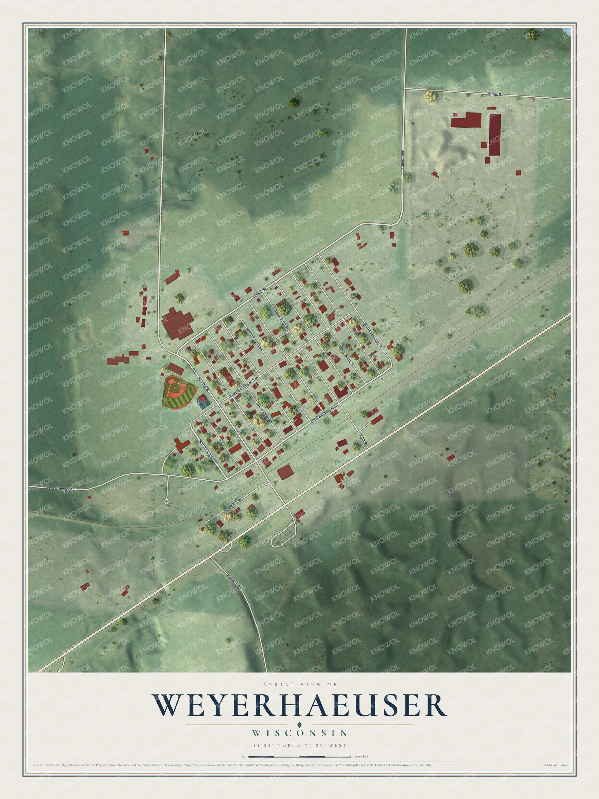 Full map of Weyerhaeuser, Wisconsin, with red buildings, printed street names and the land around them