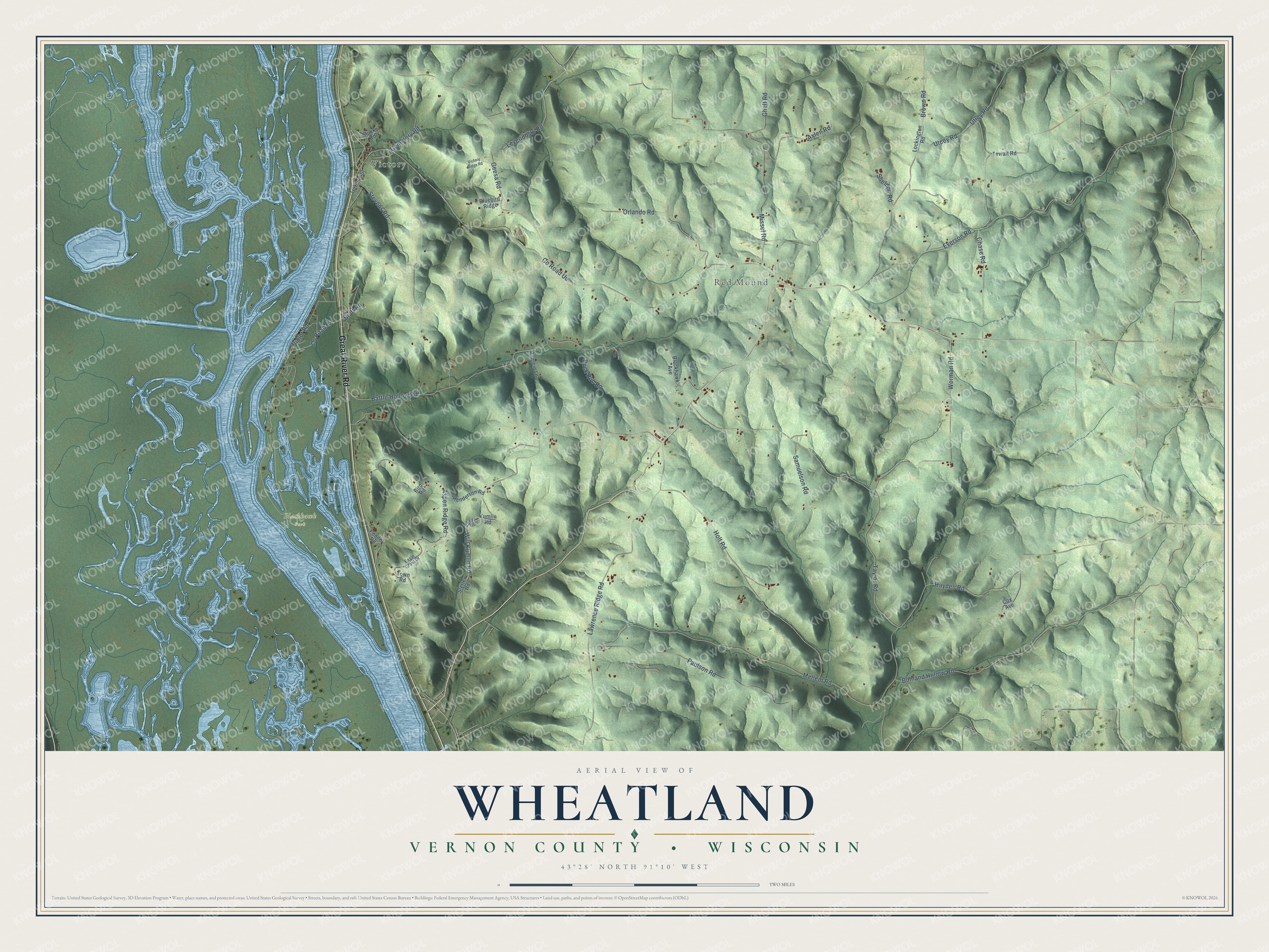 Full map of Wheatland, Wisconsin, with red buildings, printed street names and the land around them