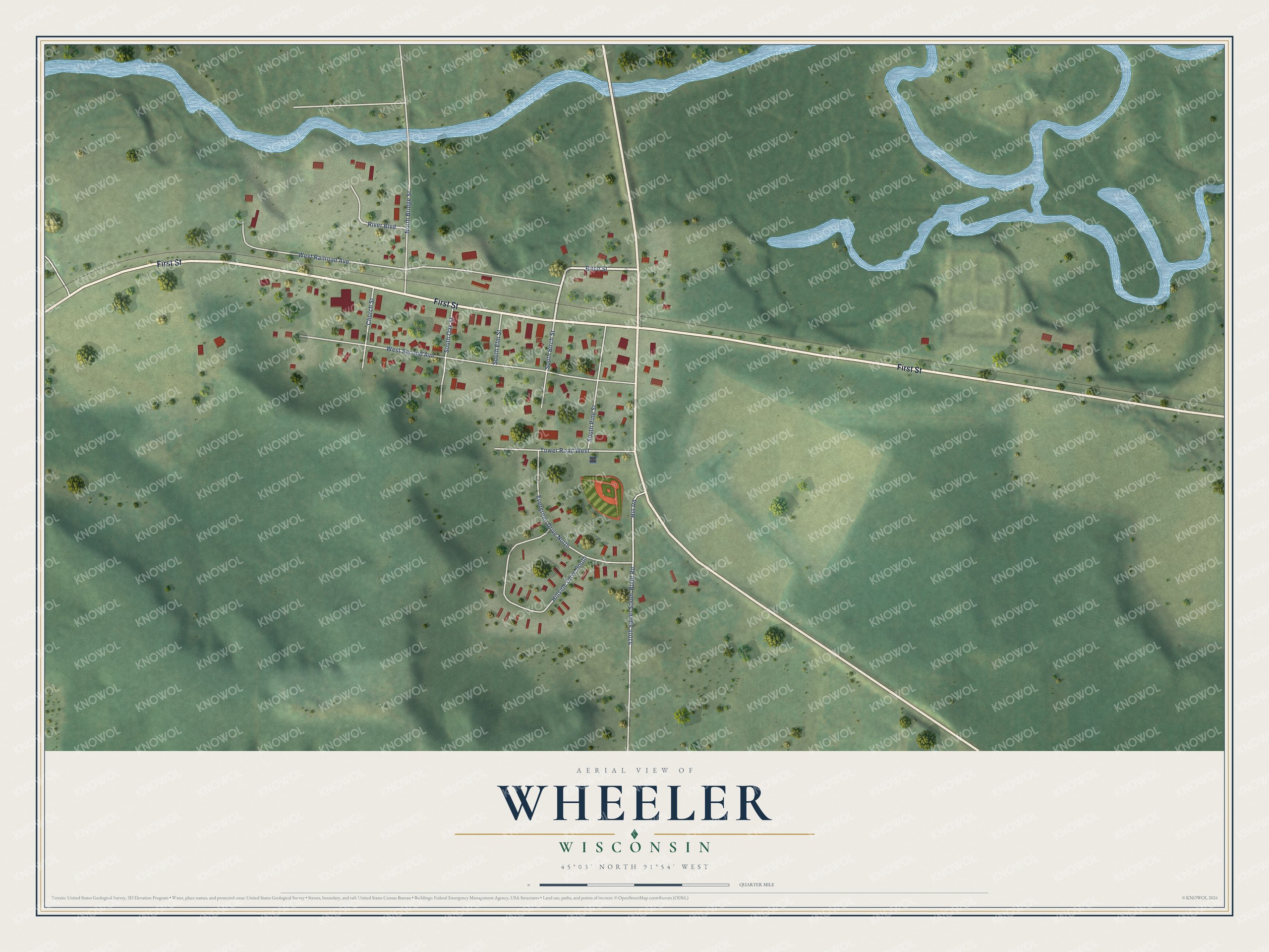 Full map of Wheeler, Wisconsin, with red buildings, printed street names and the land around them