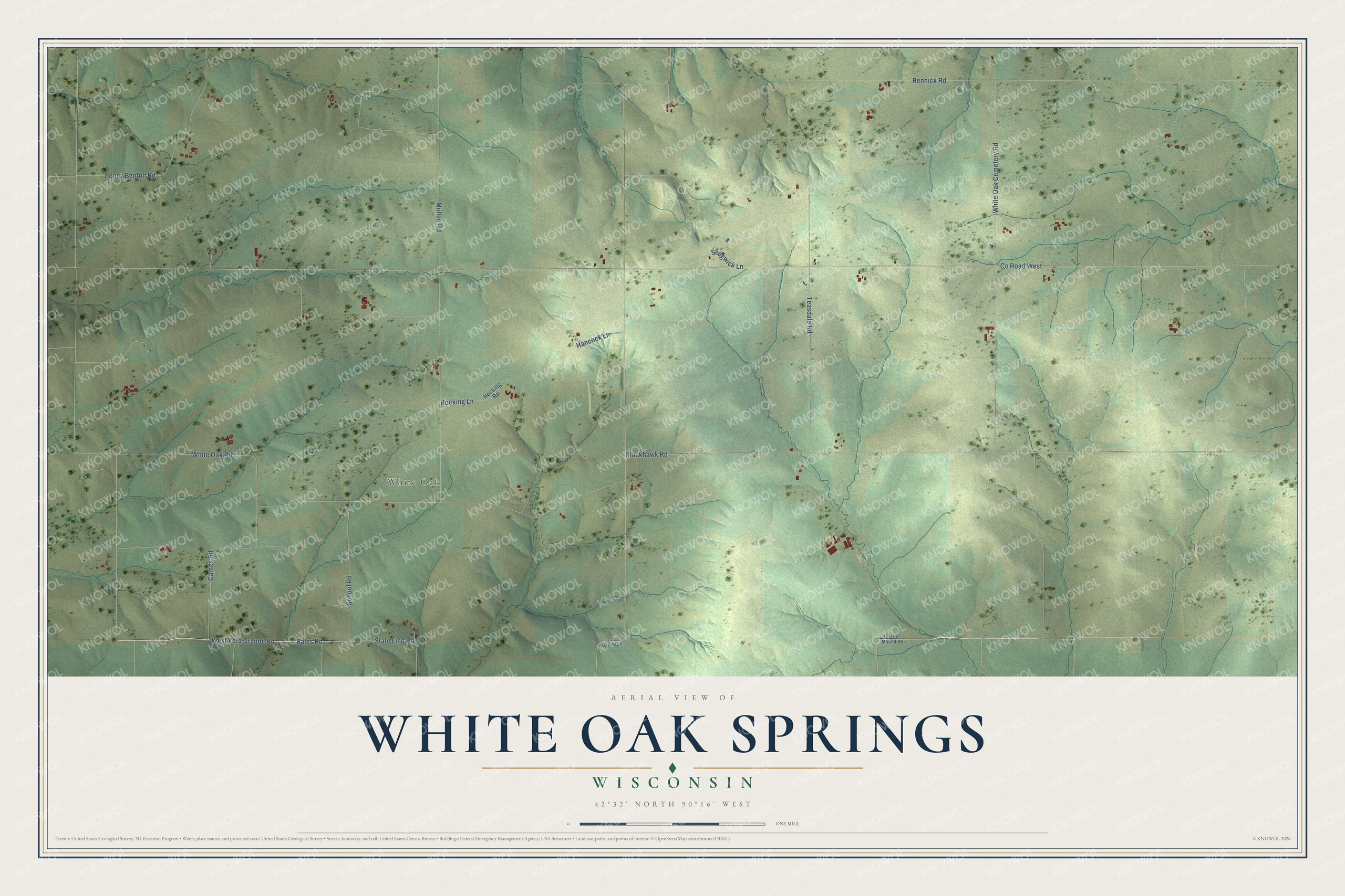 Full map of White Oak Springs, Wisconsin, with red buildings, printed street names and the land around them