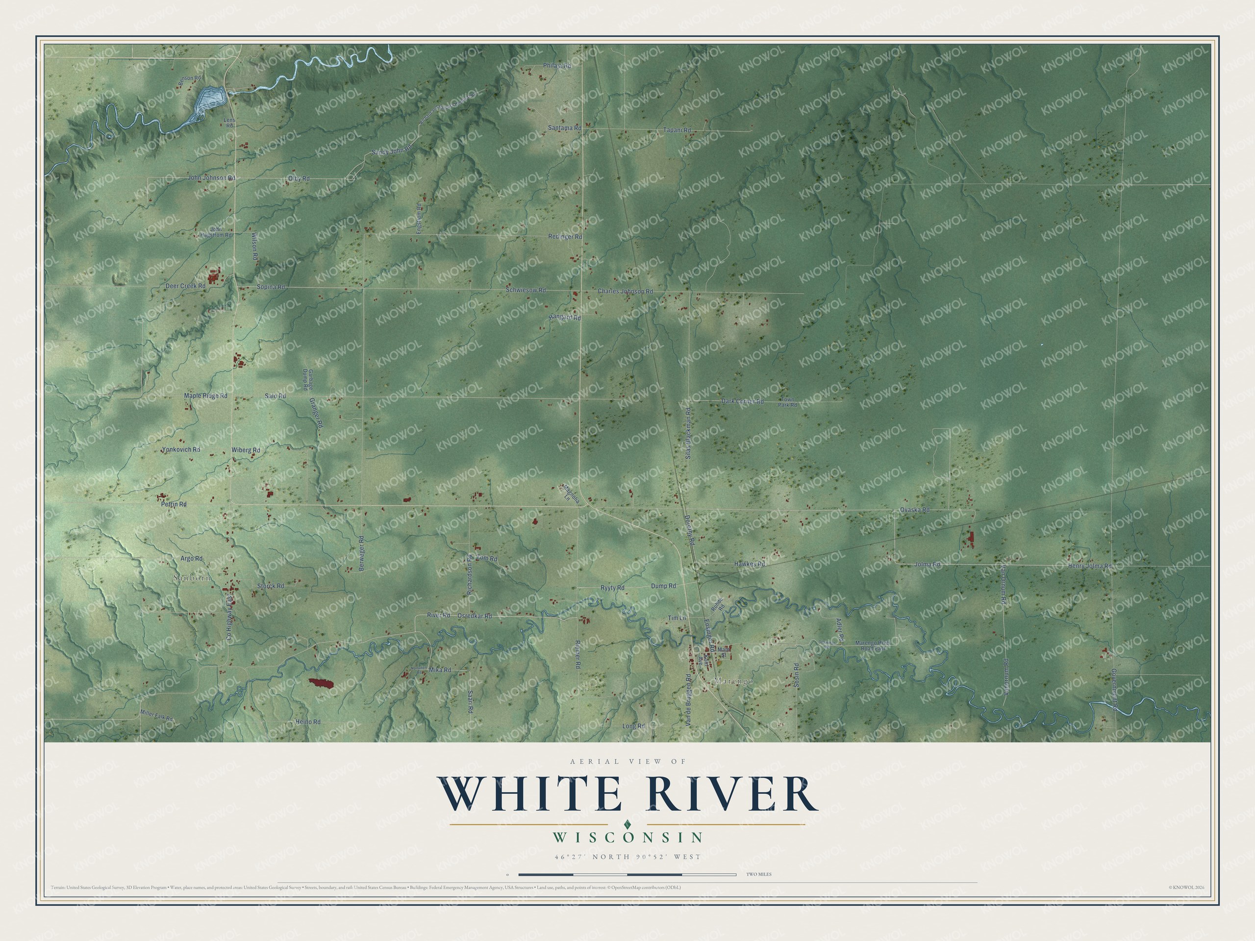 Full map of White River, Wisconsin, with red buildings, printed street names and the land around them