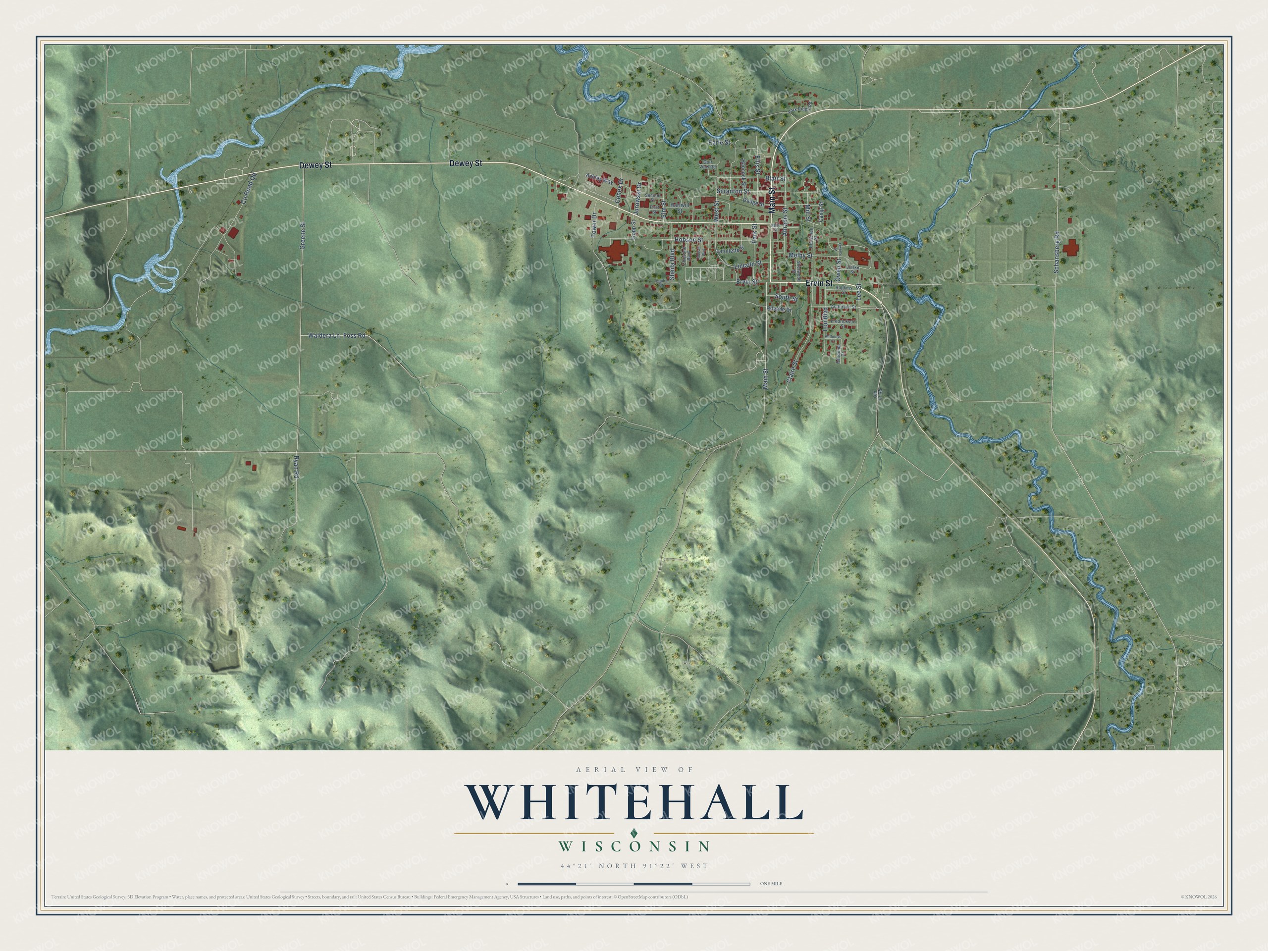 Full map of Whitehall, Wisconsin, with red buildings, printed street names and the land around them
