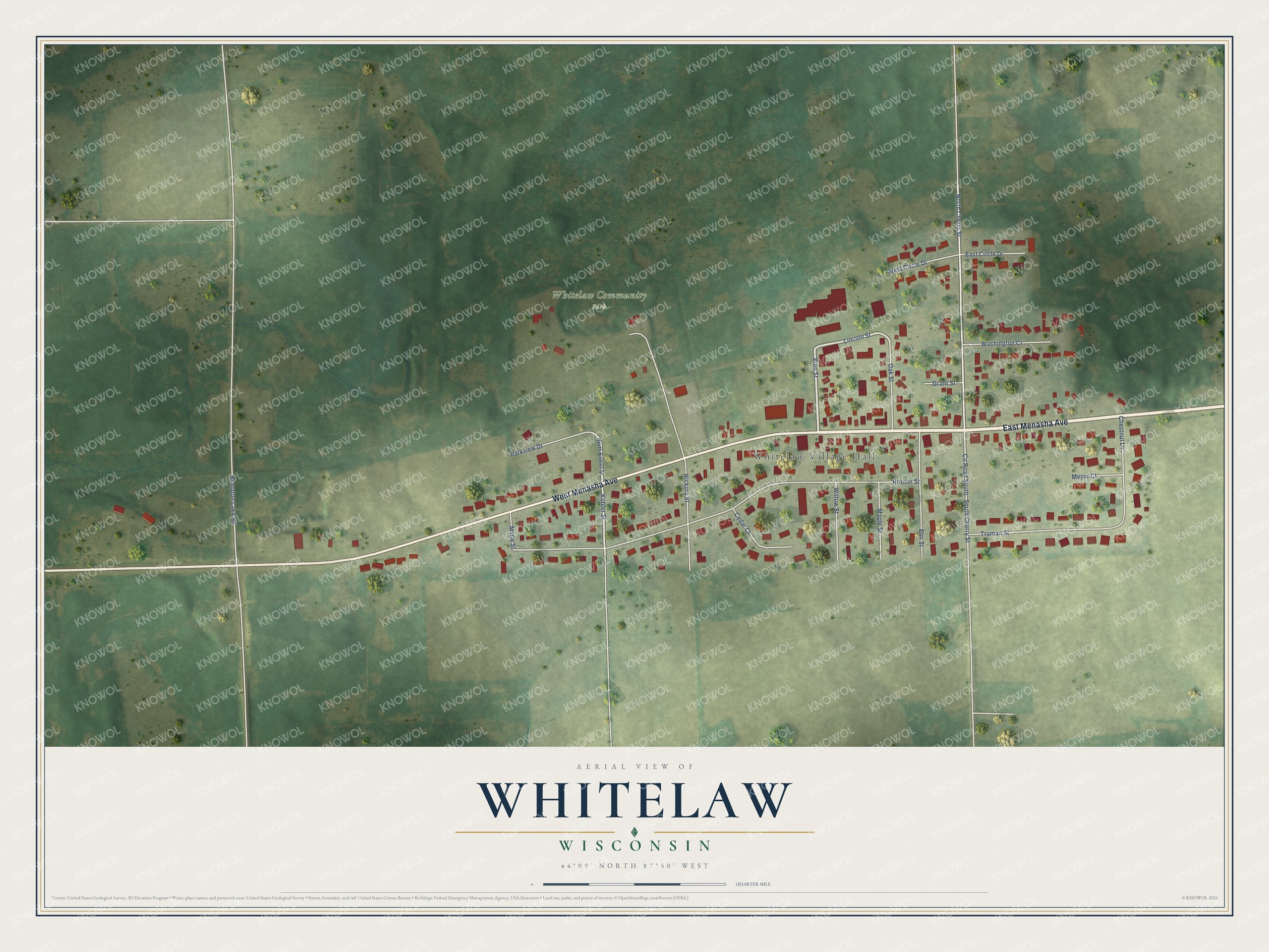 Full map of Whitelaw, Wisconsin, with red buildings, printed street names and the land around them