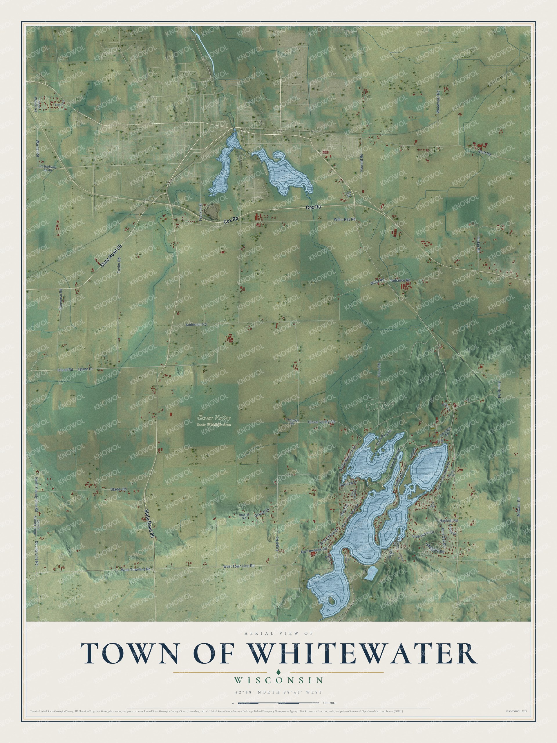 Full map of Whitewater, Wisconsin, with red buildings, printed street names and the land around them