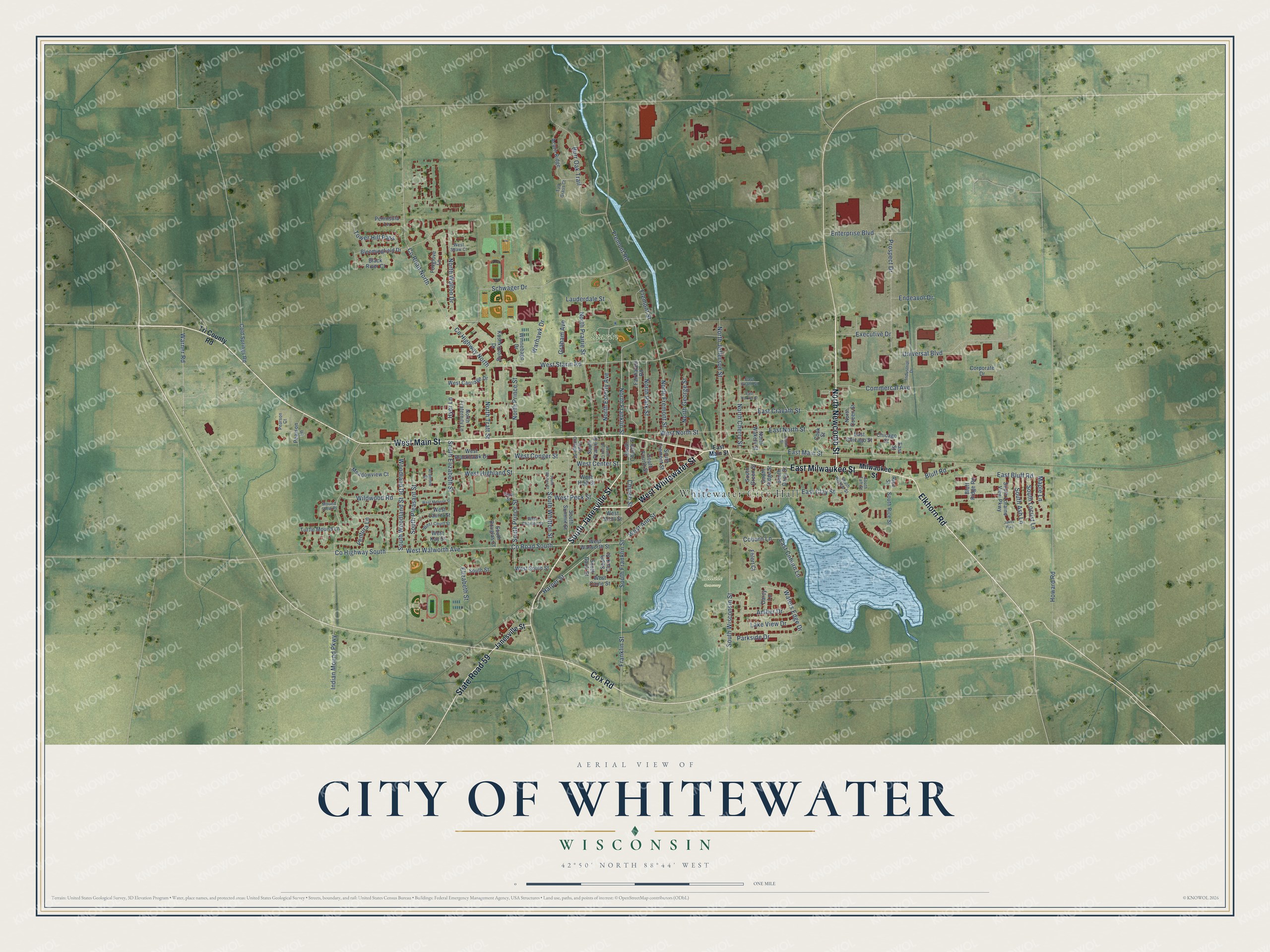 Full map of Whitewater, Wisconsin, with red buildings, printed street names and the land around them