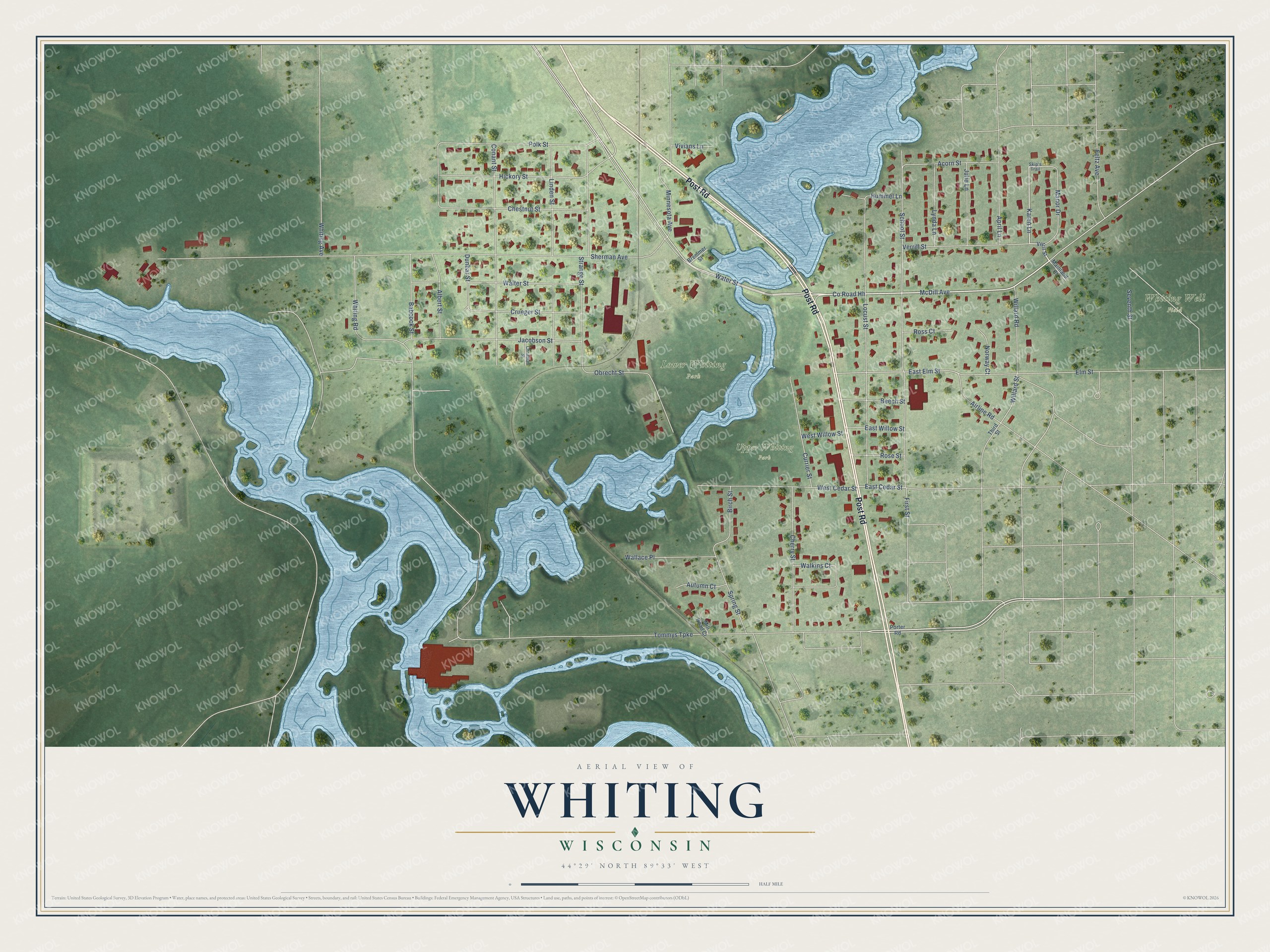 Full map of Whiting, Wisconsin, with red buildings, printed street names and the land around them