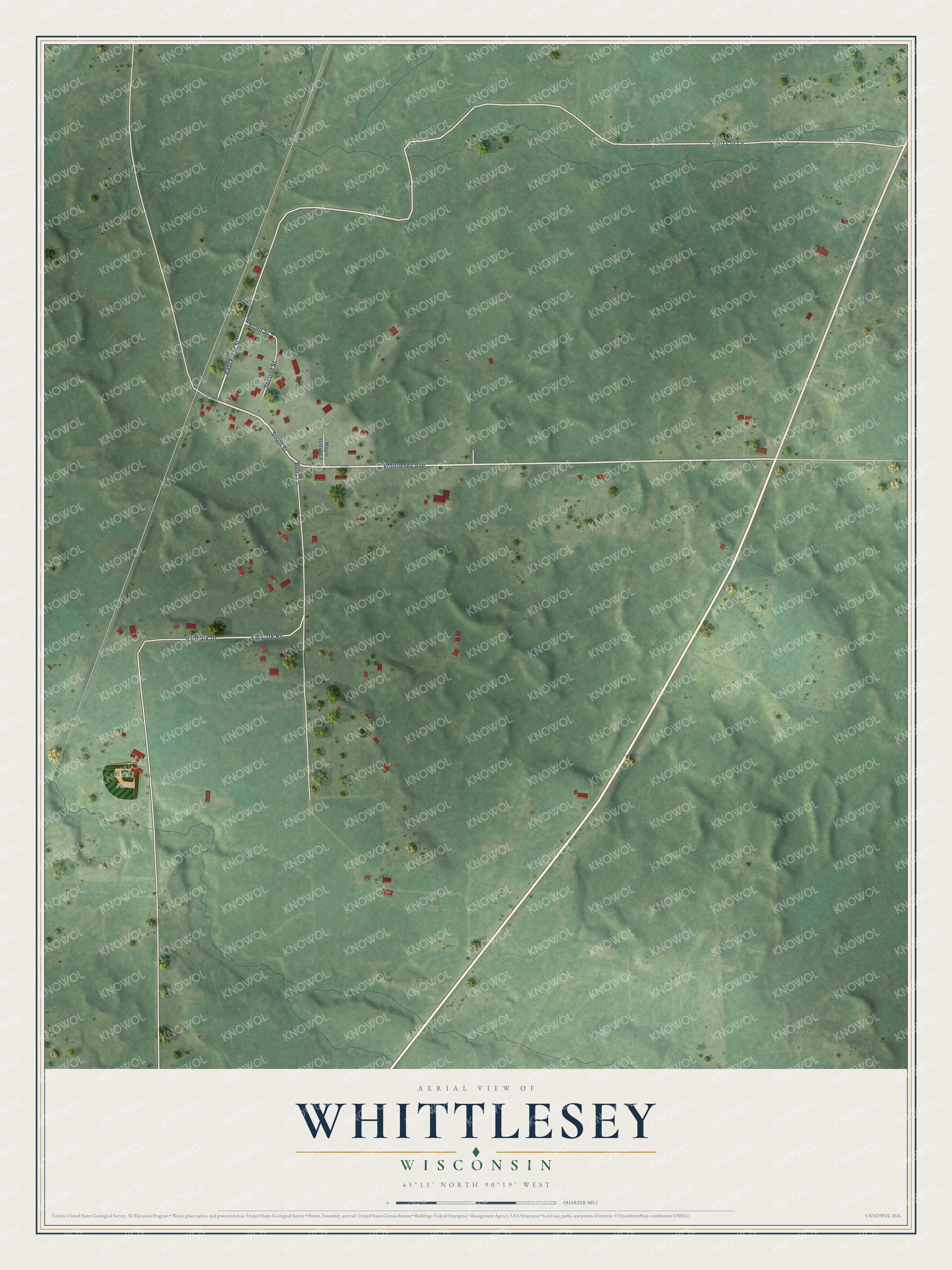 Full map of Whittlesey, Wisconsin, with red buildings, printed street names and the land around them
