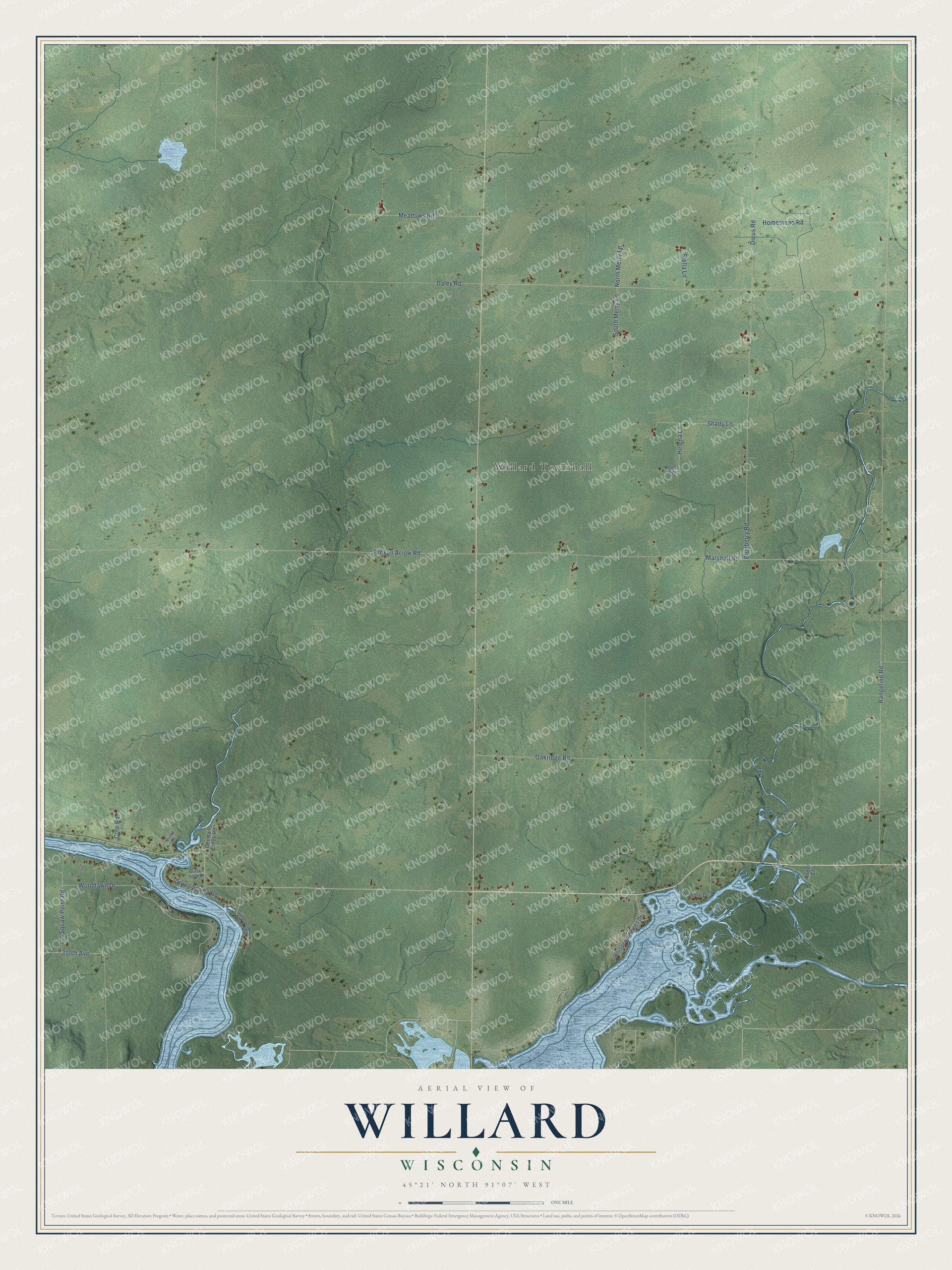 Full map of Willard, Wisconsin, with red buildings, printed street names and the land around them