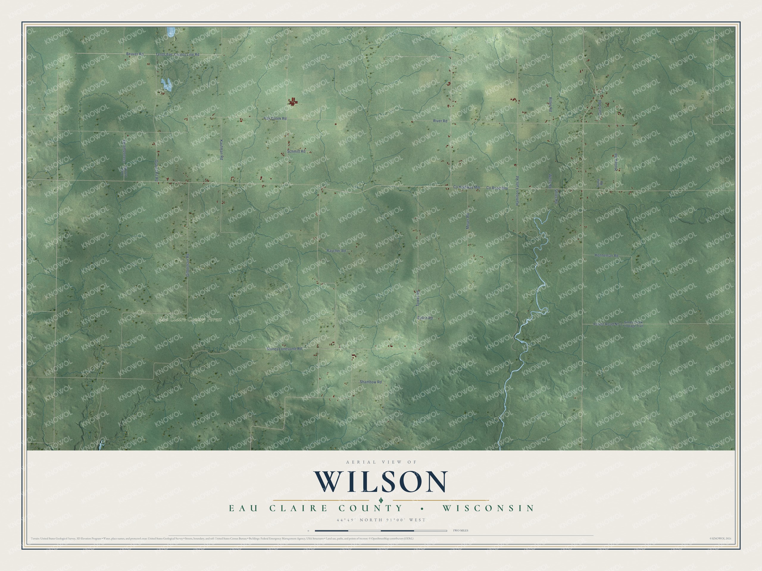 Full map of Wilson, Wisconsin, with red buildings, printed street names and the land around them