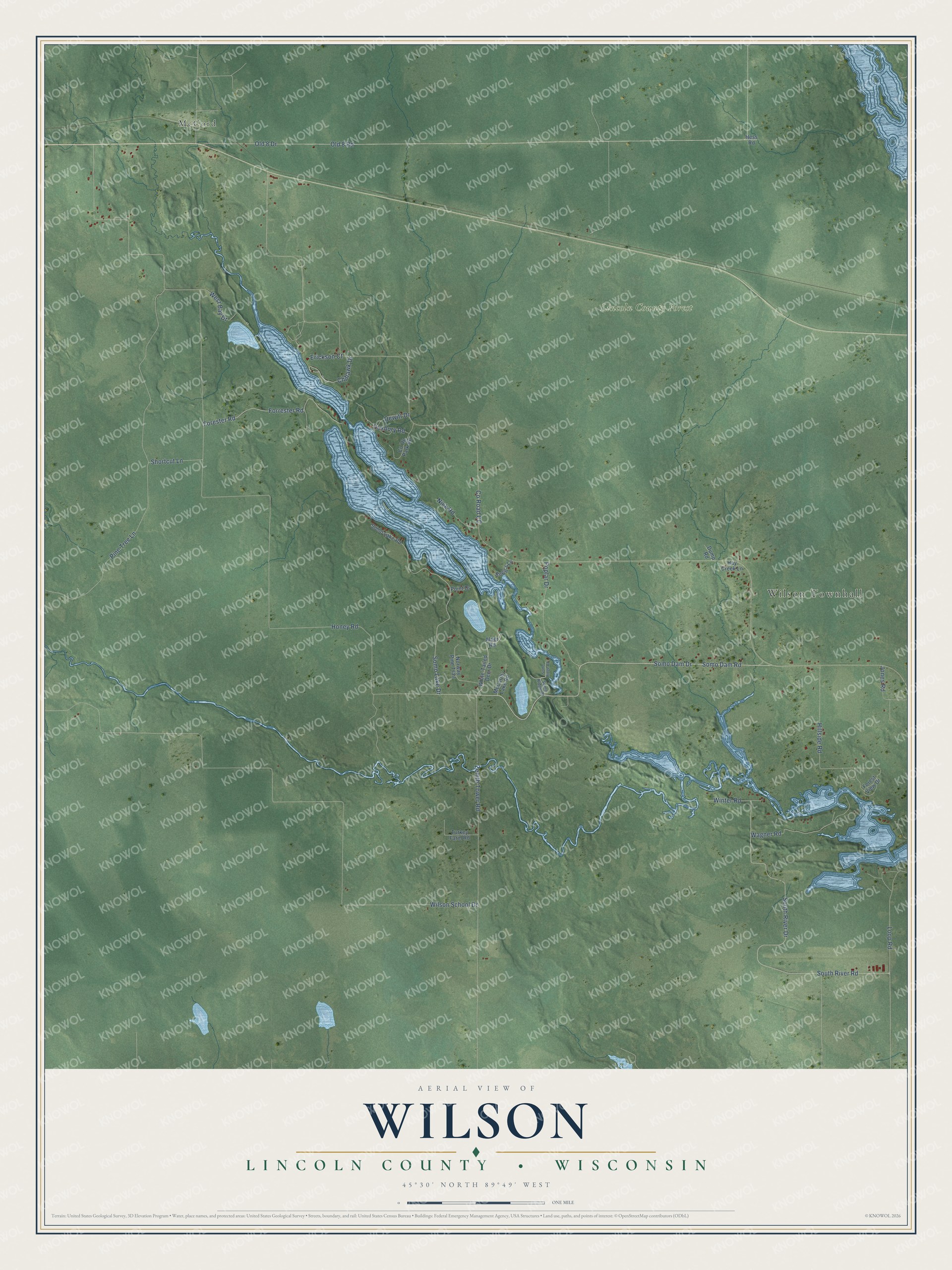 Full map of Wilson, Wisconsin, with red buildings, printed street names and the land around them