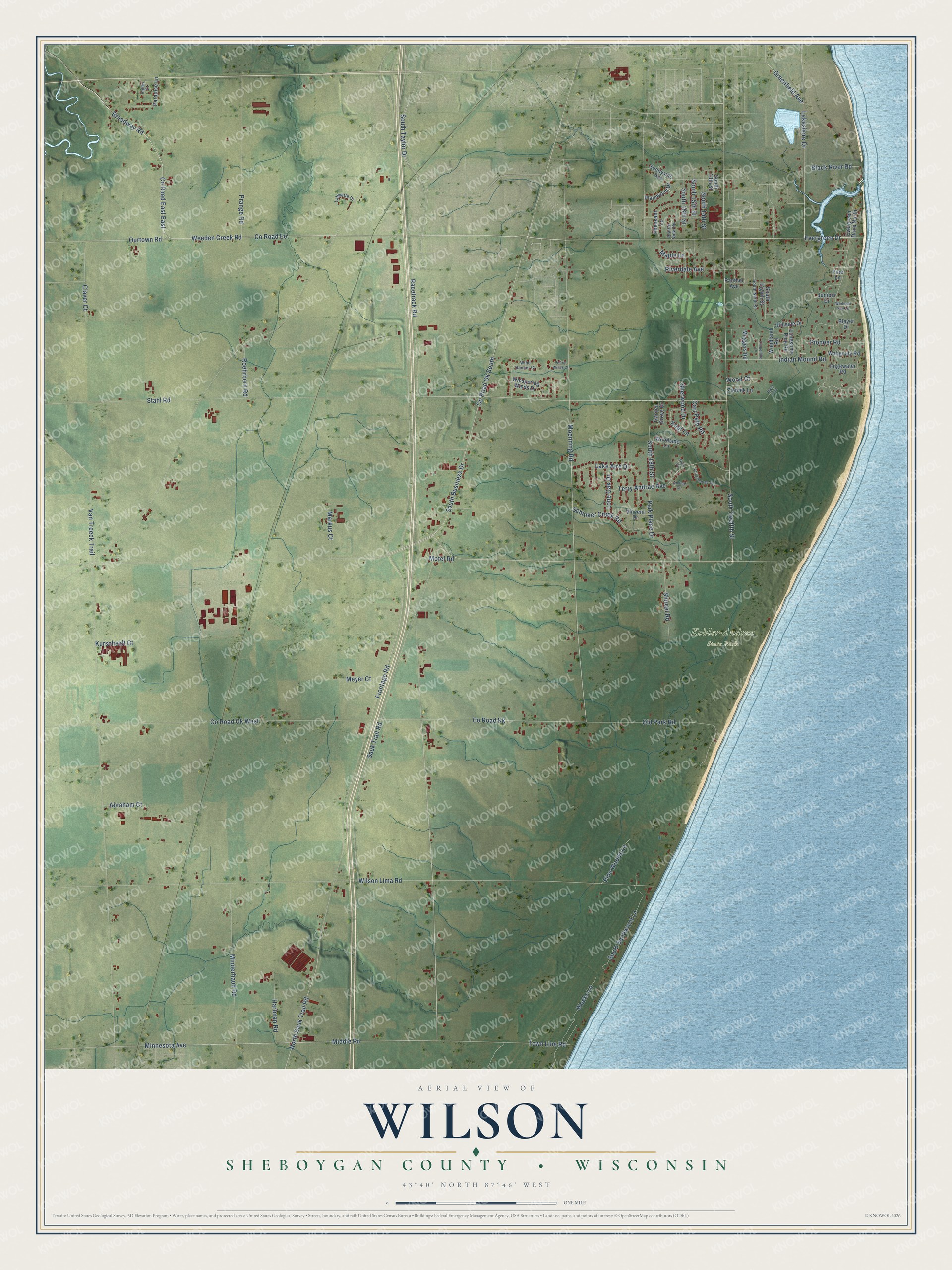 Full map of Wilson, Wisconsin, with red buildings, printed street names and the land around them