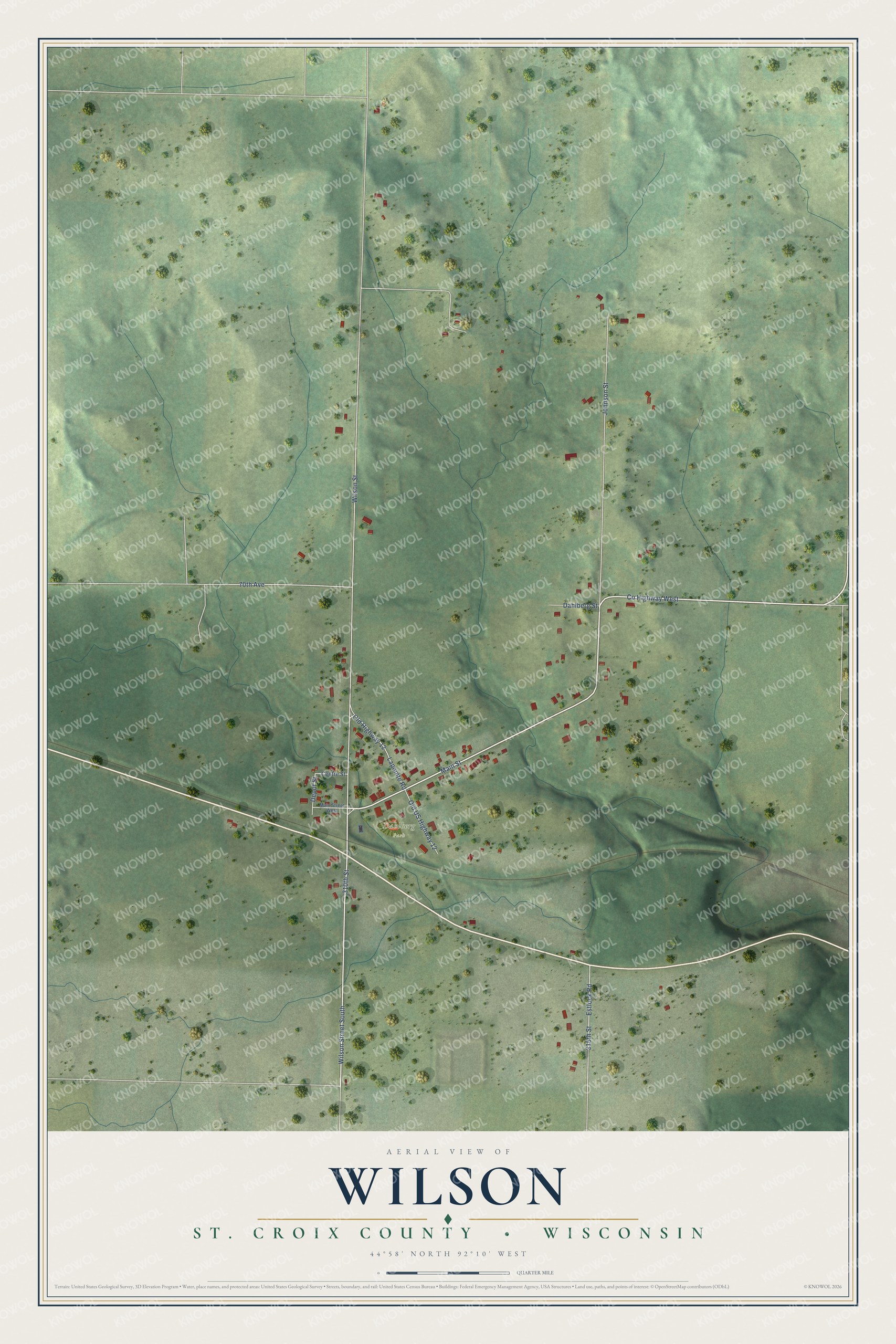 Full map of Wilson, Wisconsin, with red buildings, printed street names and the land around them