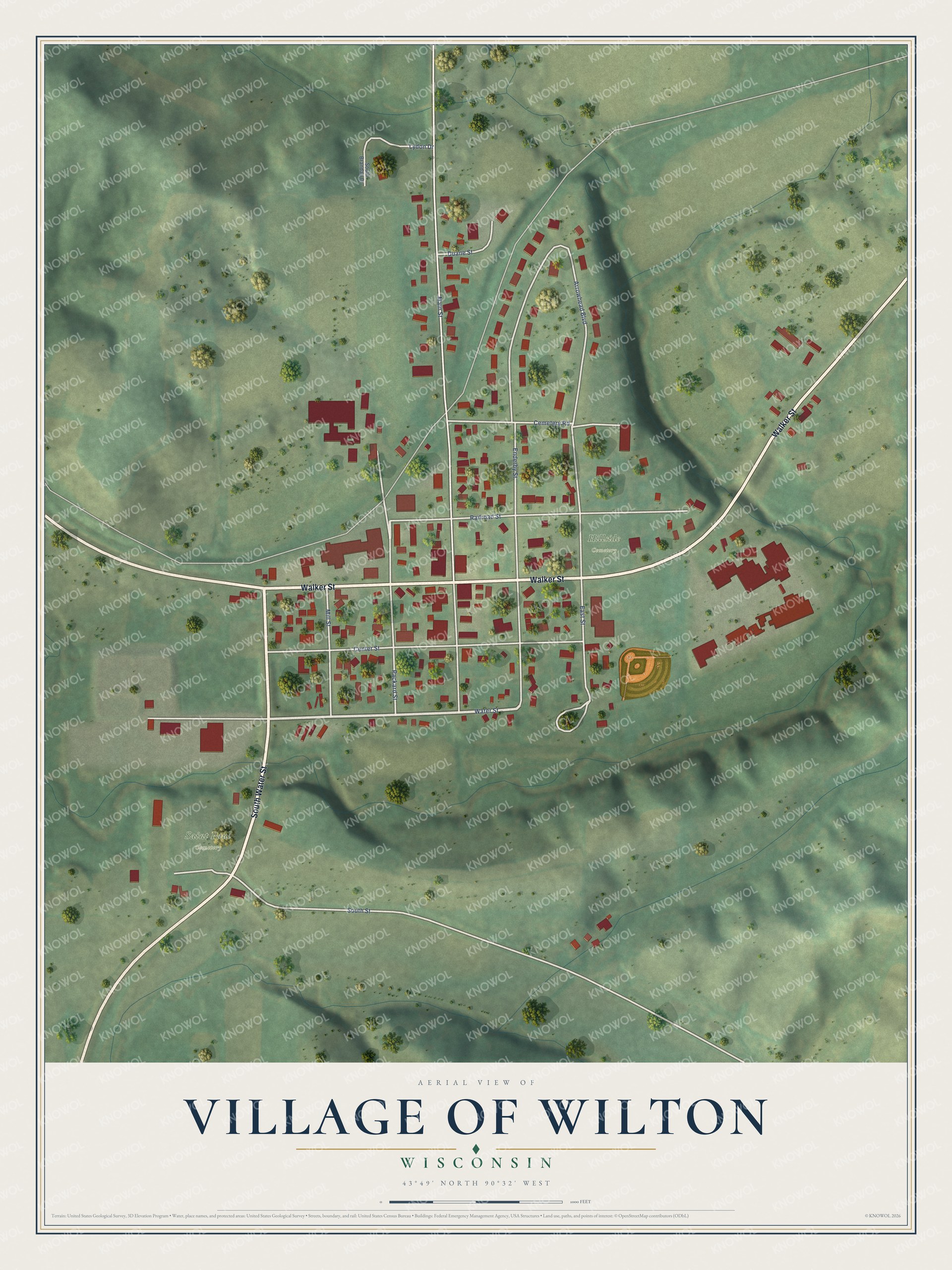 Full map of Wilton, Wisconsin, with red buildings, printed street names and the land around them