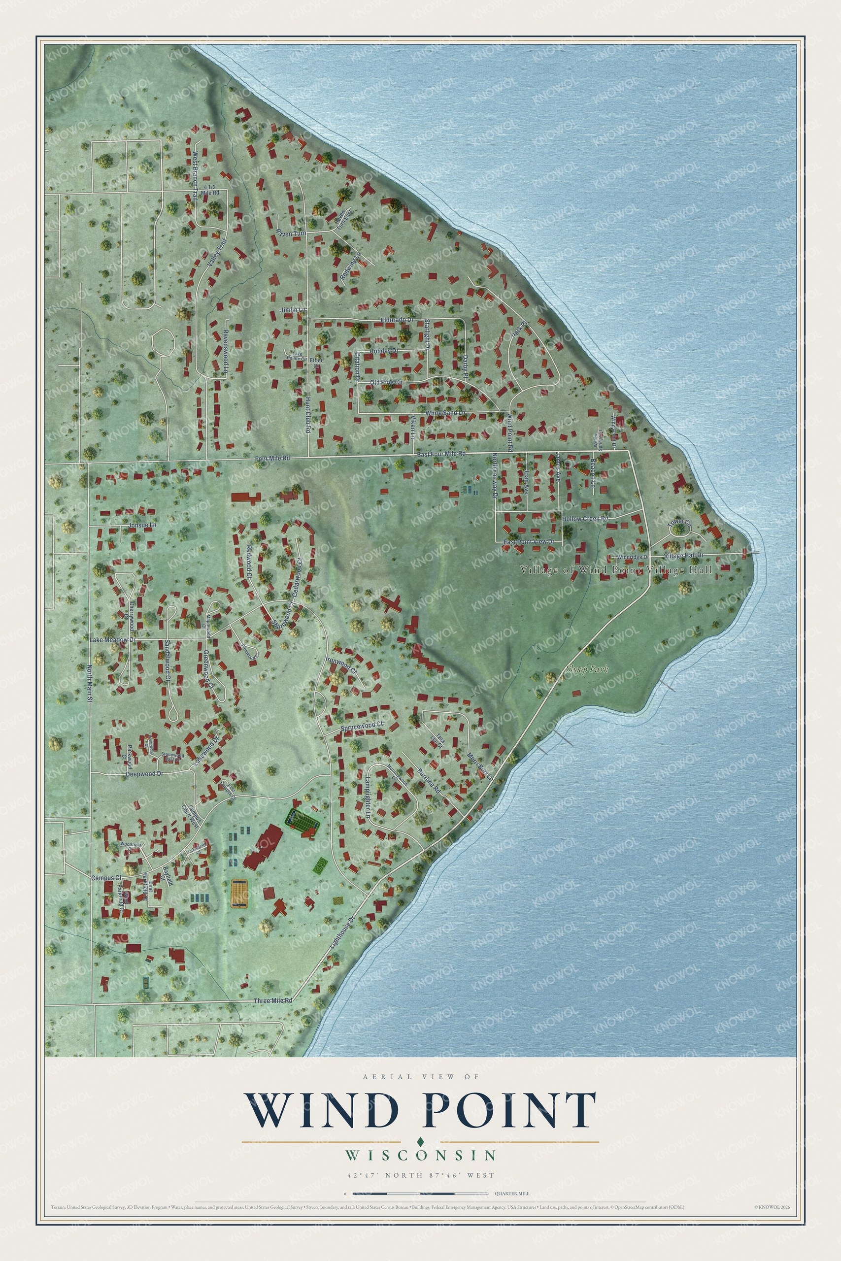 Full map of Wind Point, Wisconsin, with red buildings, printed street names and the land around them