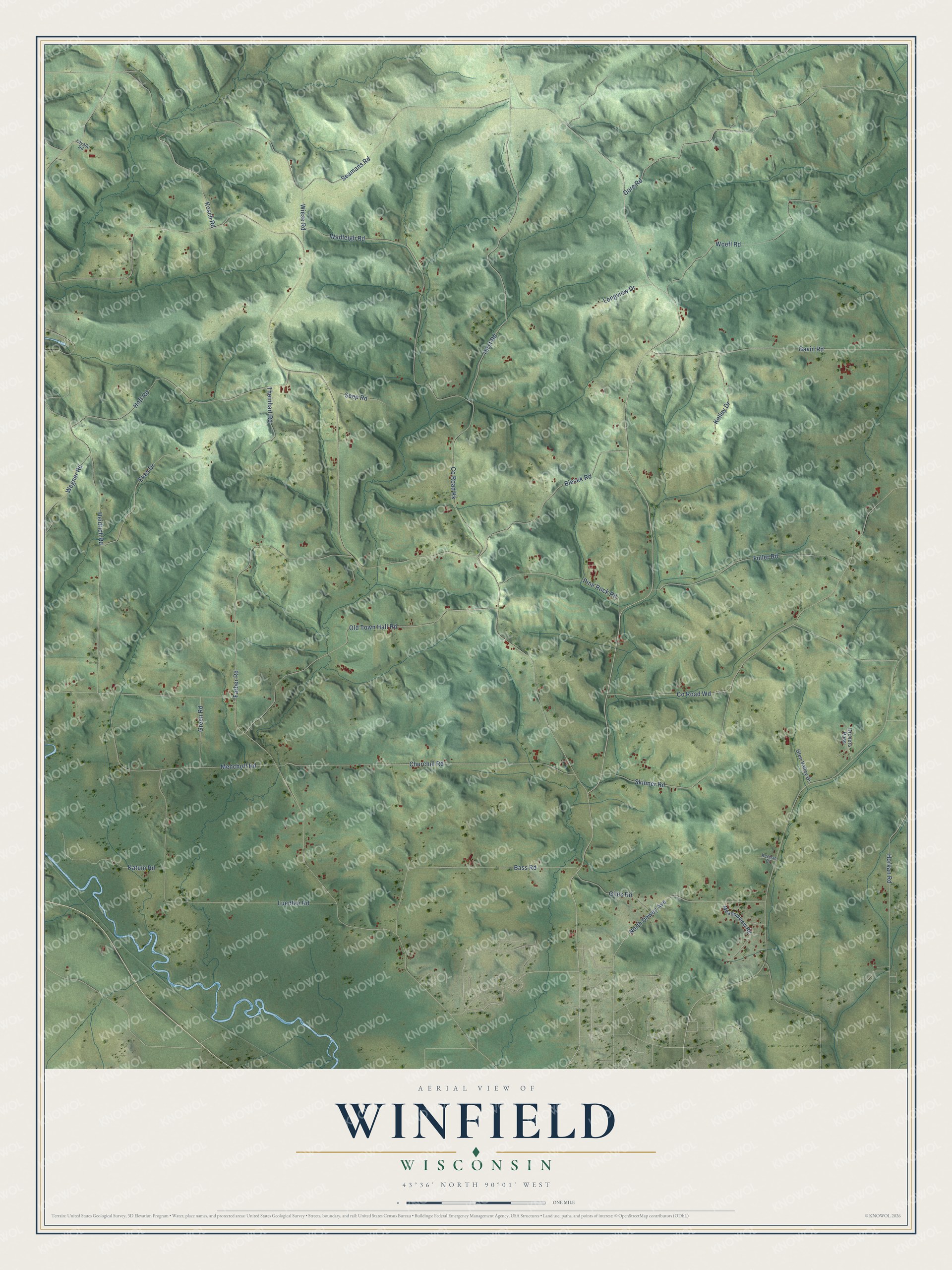 Full map of Winfield, Wisconsin, with red buildings, printed street names and the land around them