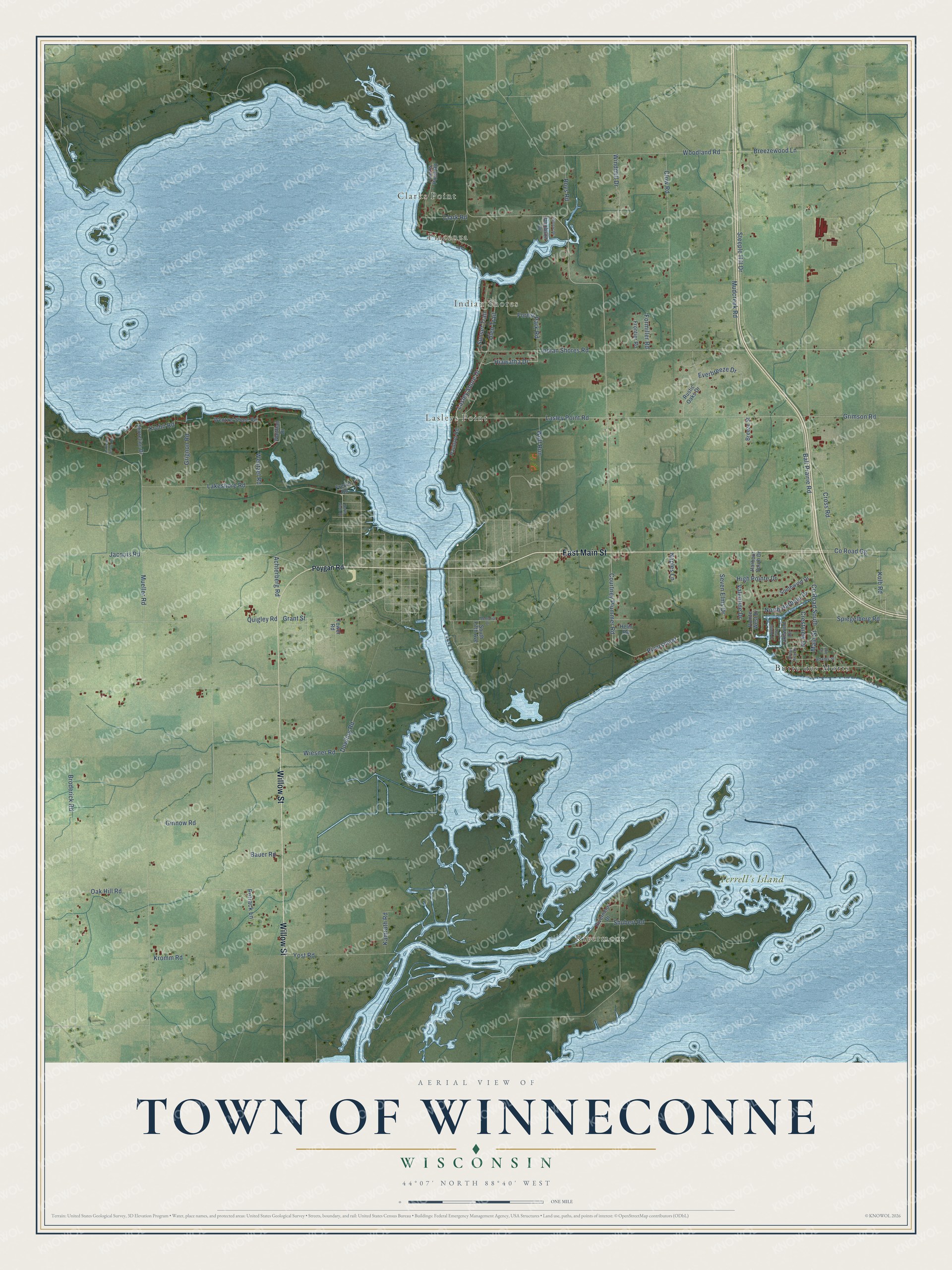 Full map of Winneconne, Wisconsin, with red buildings, printed street names and the land around them