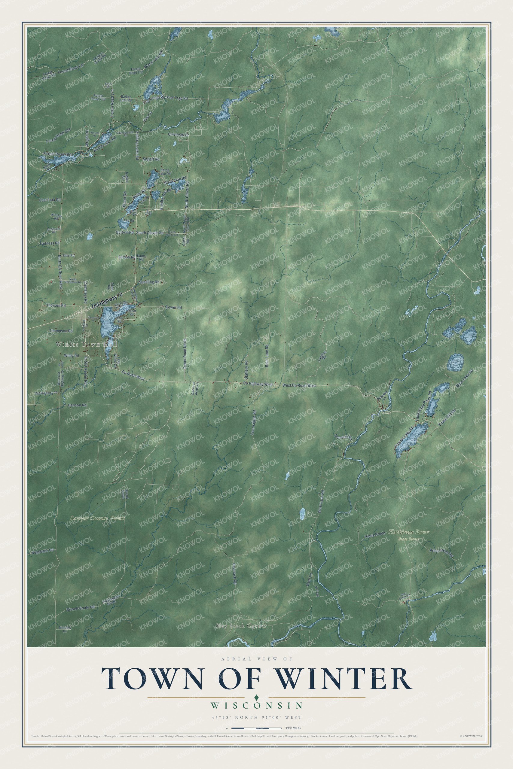 Full map of Winter, Wisconsin, with red buildings, printed street names and the land around them