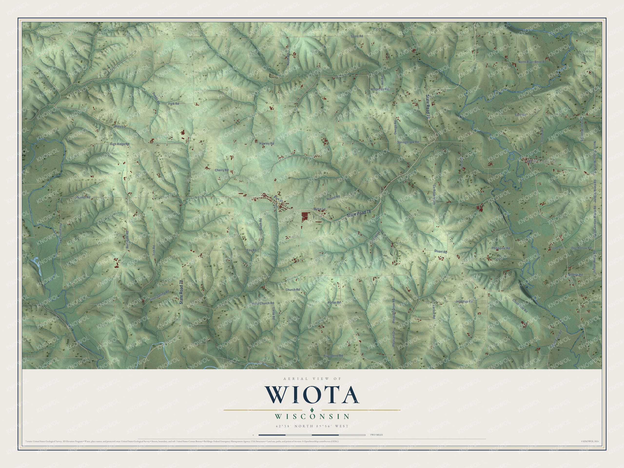 Full map of Wiota, Wisconsin, with red buildings, printed street names and the land around them