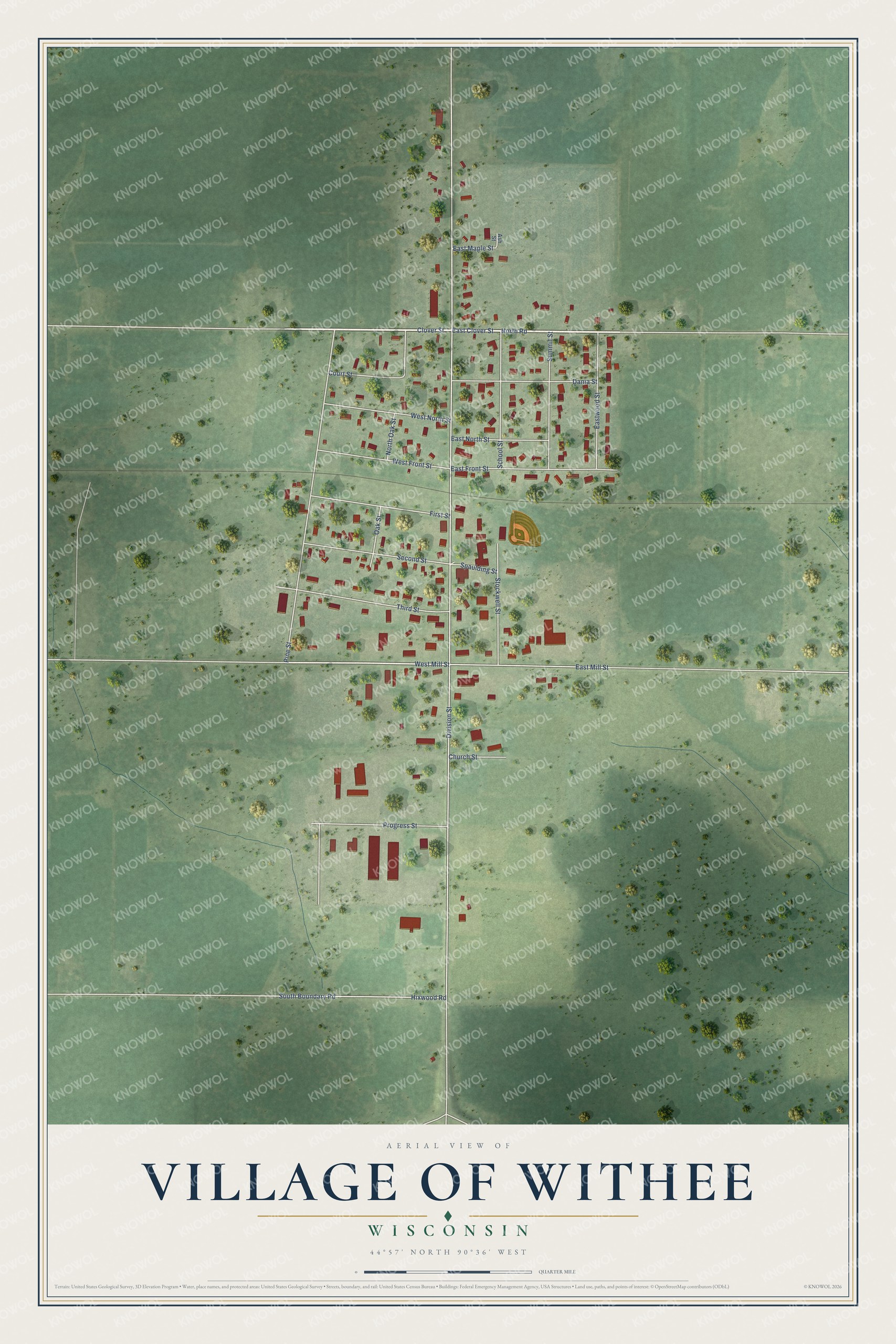 Full map of Withee, Wisconsin, with red buildings, printed street names and the land around them