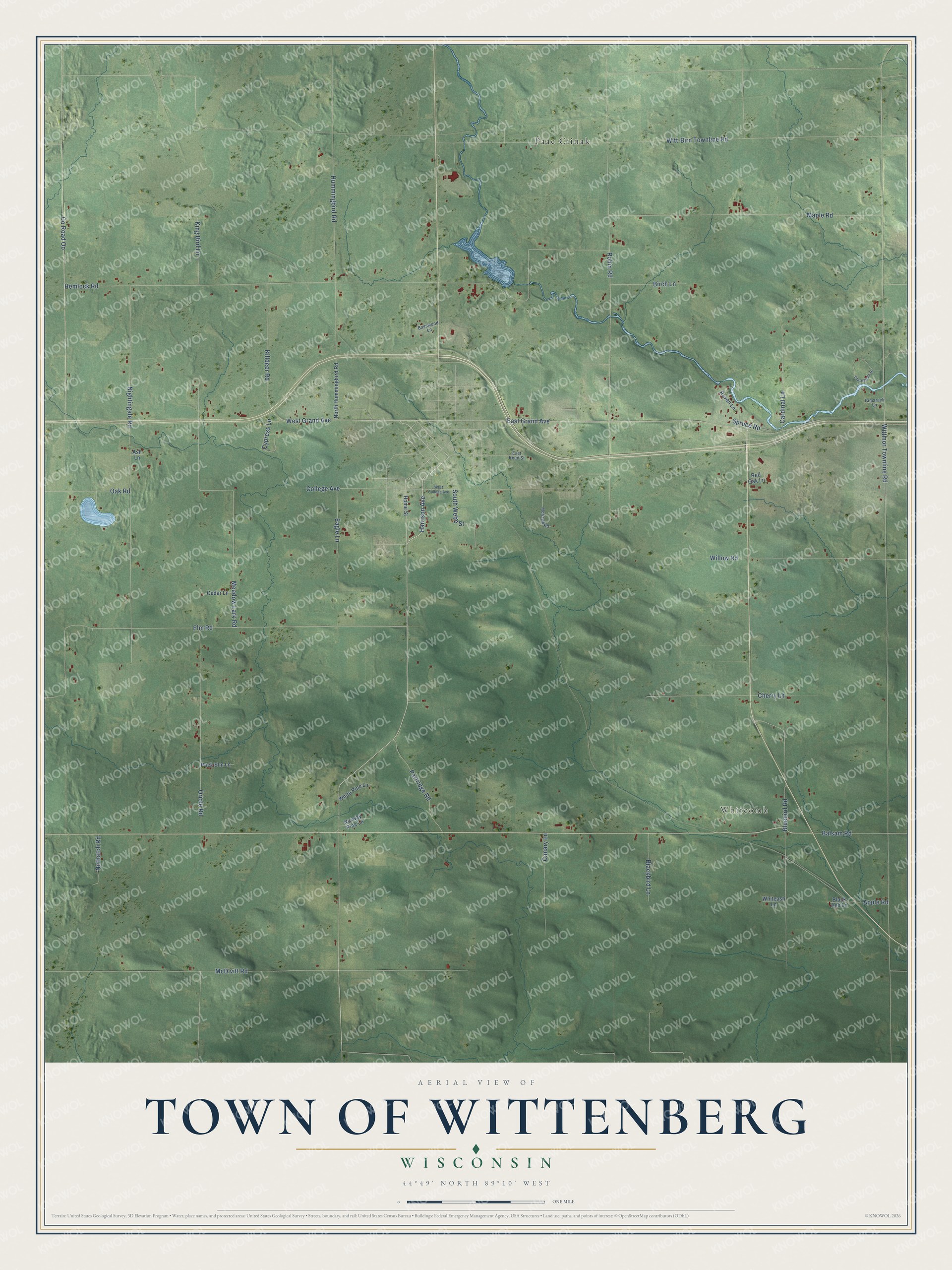 Full map of Wittenberg, Wisconsin, with red buildings, printed street names and the land around them