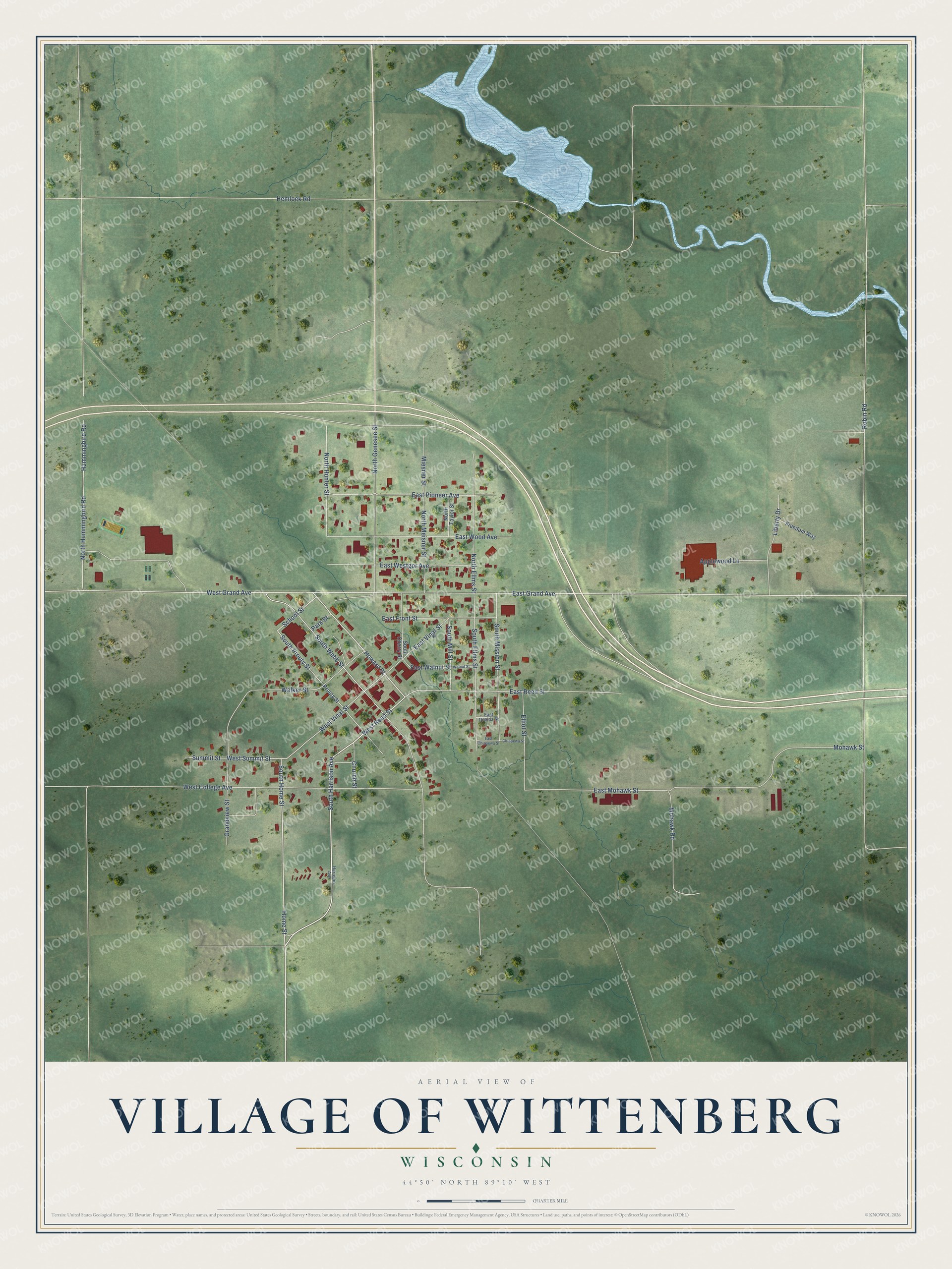 Full map of Wittenberg, Wisconsin, with red buildings, printed street names and the land around them