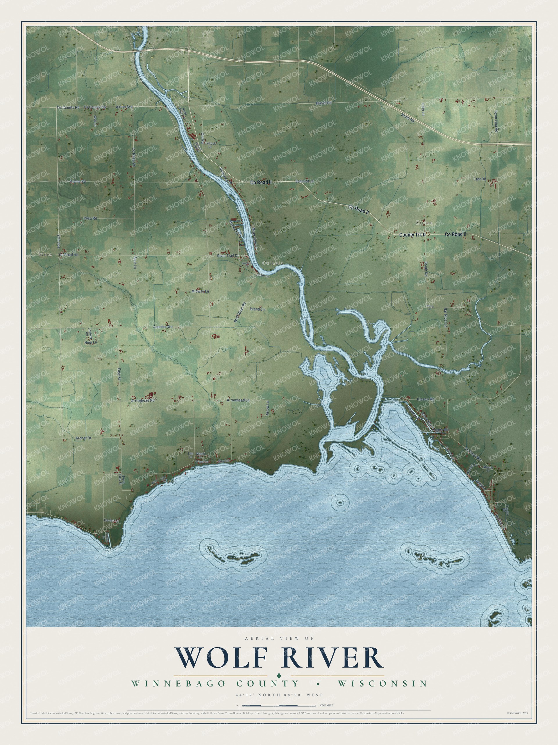 Full map of Wolf River, Wisconsin, with red buildings, printed street names and the land around them