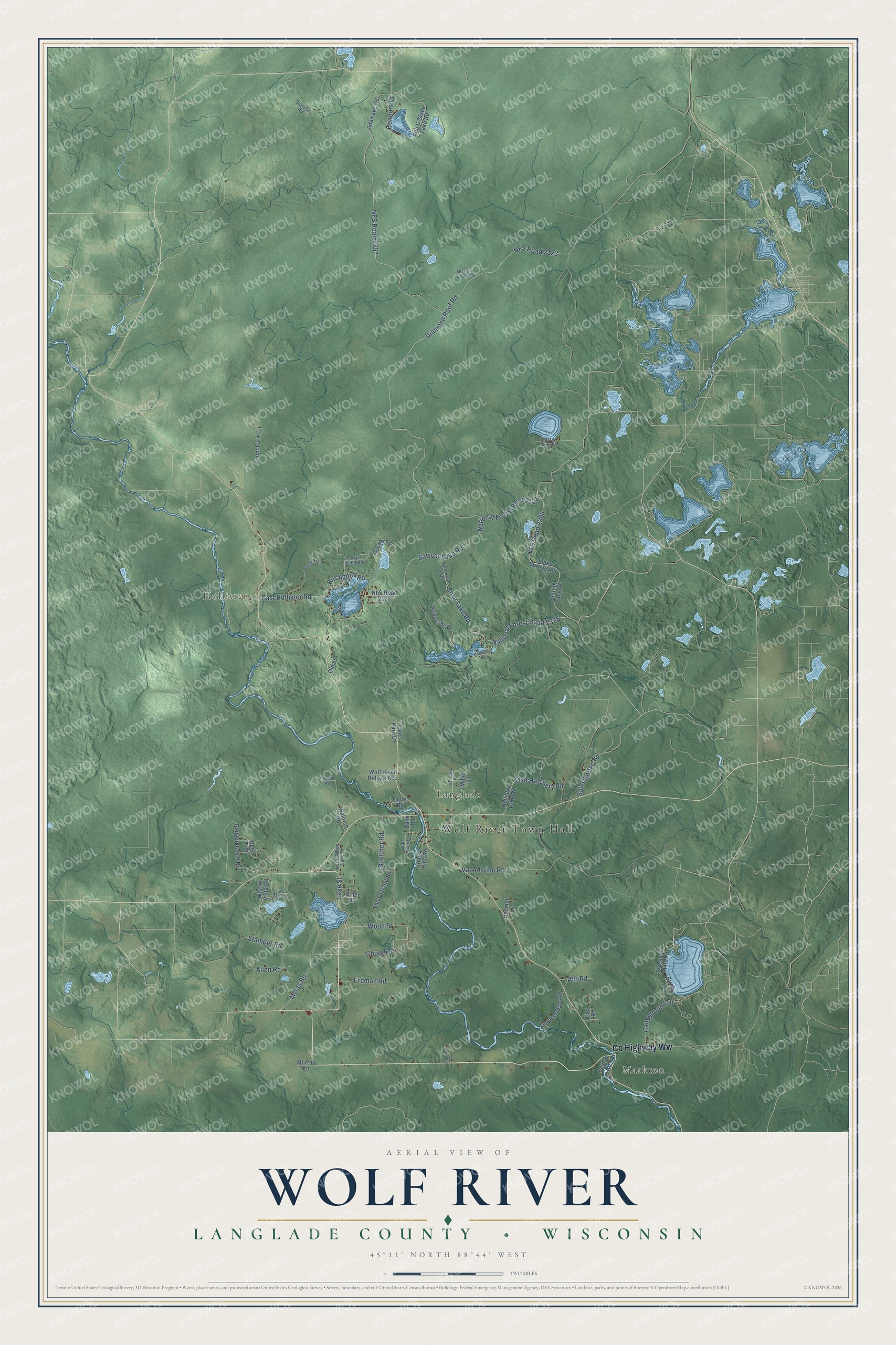 Full map of Wolf River, Wisconsin, with red buildings, printed street names and the land around them
