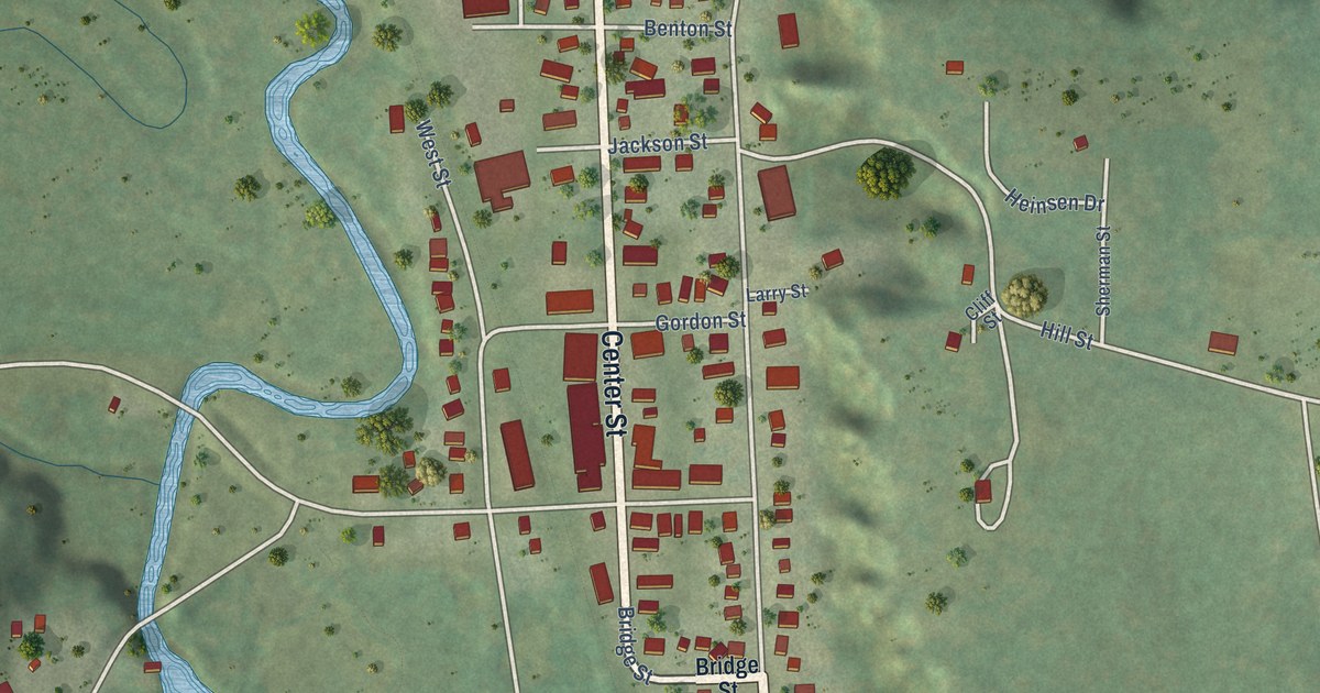 Close-up of streets and buildings in the Village of Wonewoc, Wisconsin