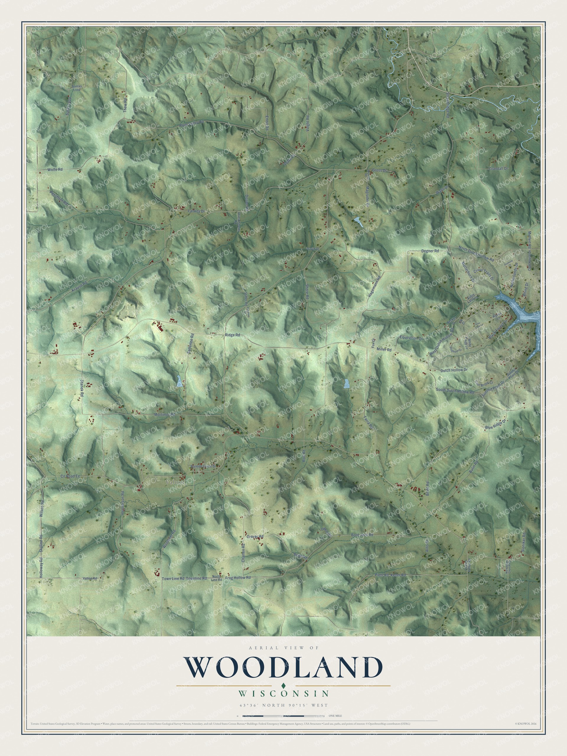 Full map of Woodland, Wisconsin, with red buildings, printed street names and the land around them