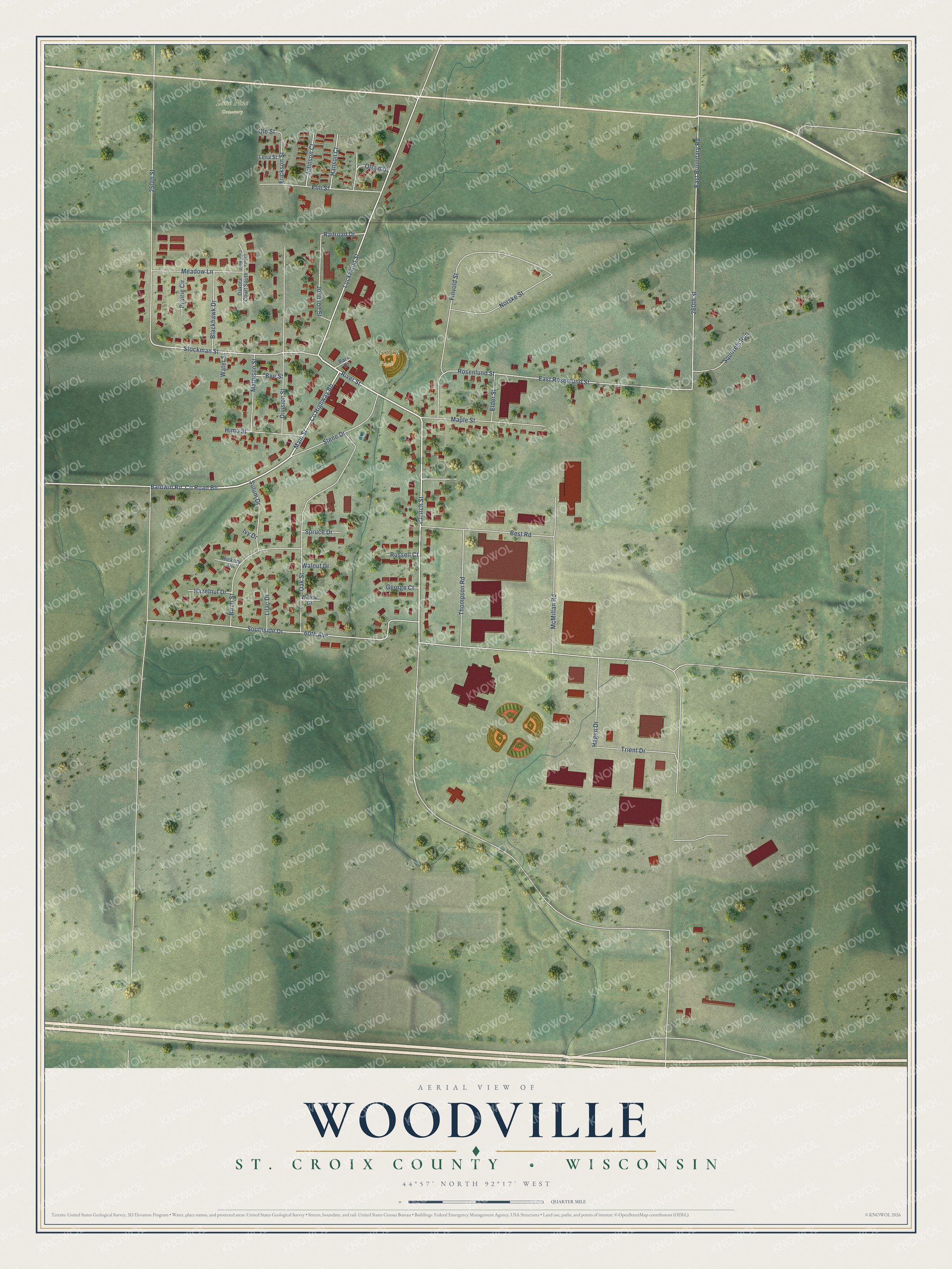 Full map of Woodville, Wisconsin, with red buildings, printed street names and the land around them