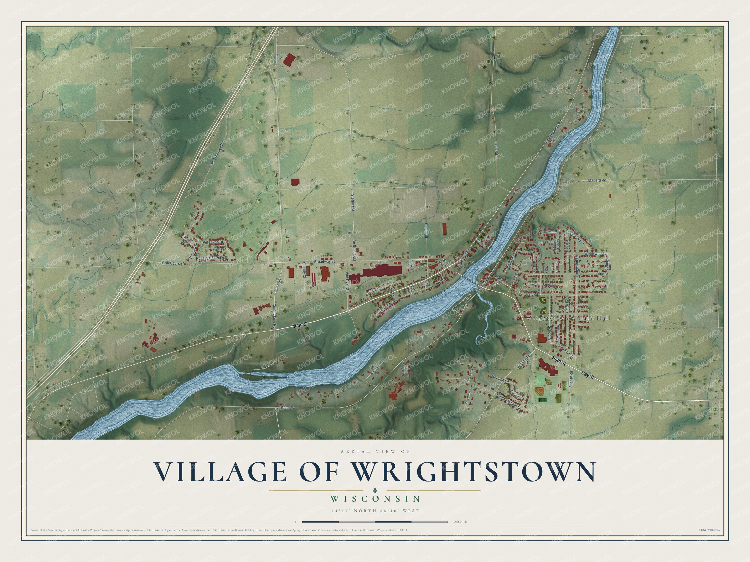 Full map of Wrightstown, Wisconsin, with red buildings, printed street names and the land around them