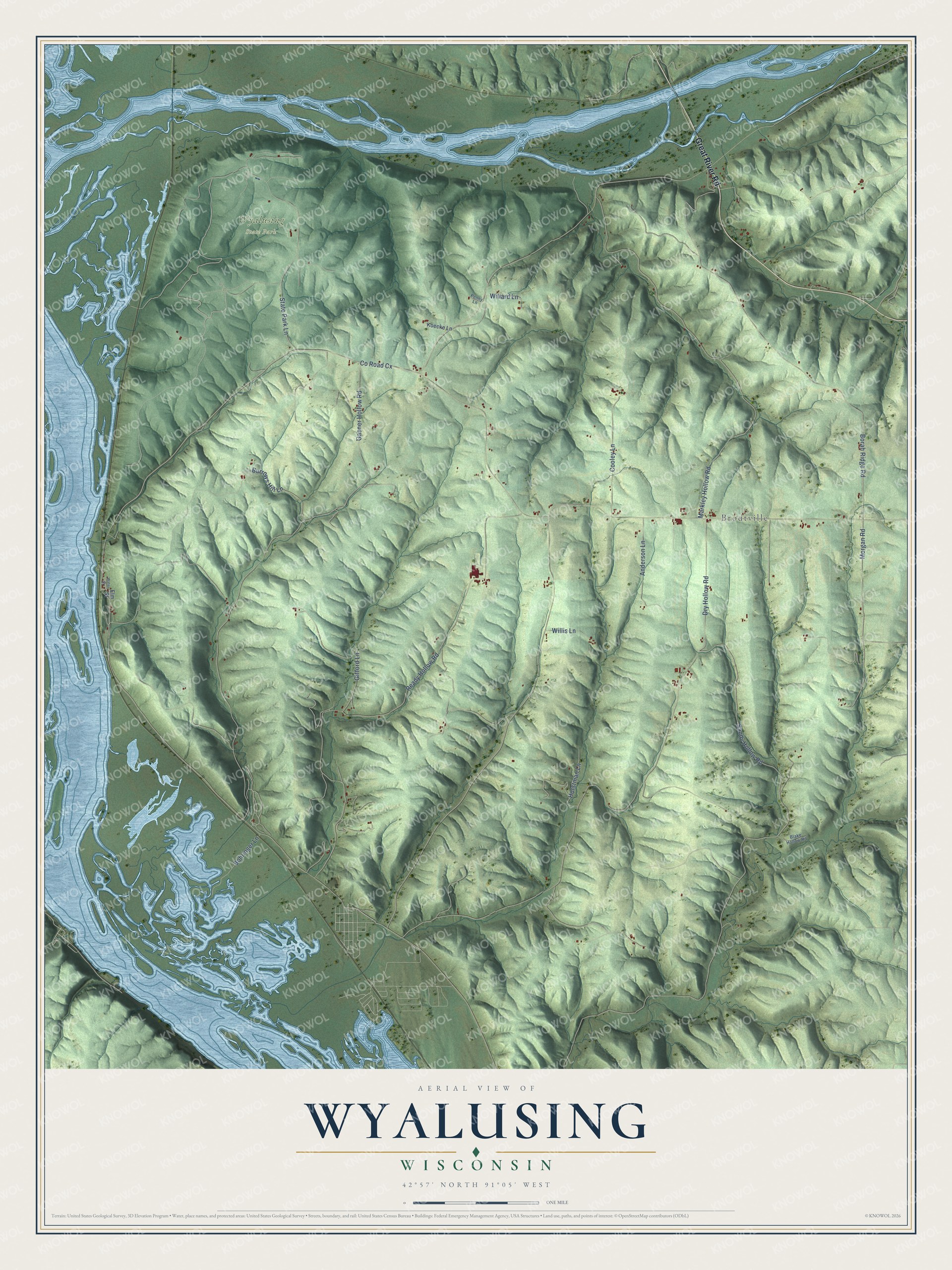 Full map of Wyalusing, Wisconsin, with red buildings, printed street names and the land around them