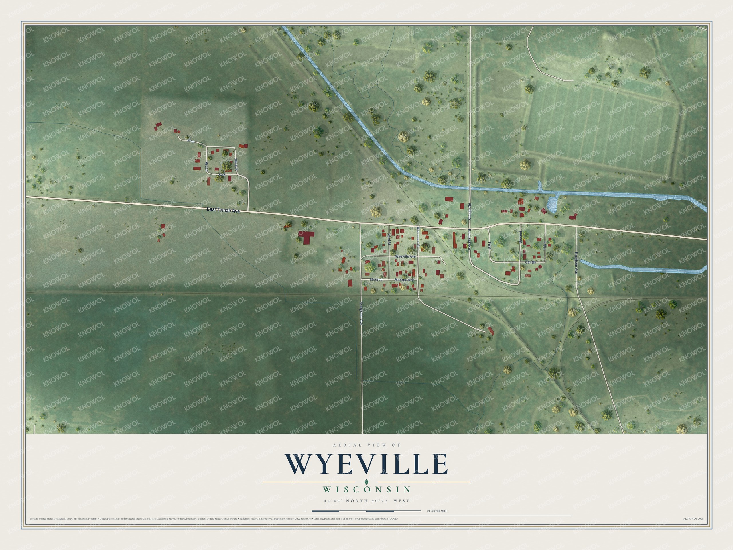 Full map of Wyeville, Wisconsin, with red buildings, printed street names and the land around them