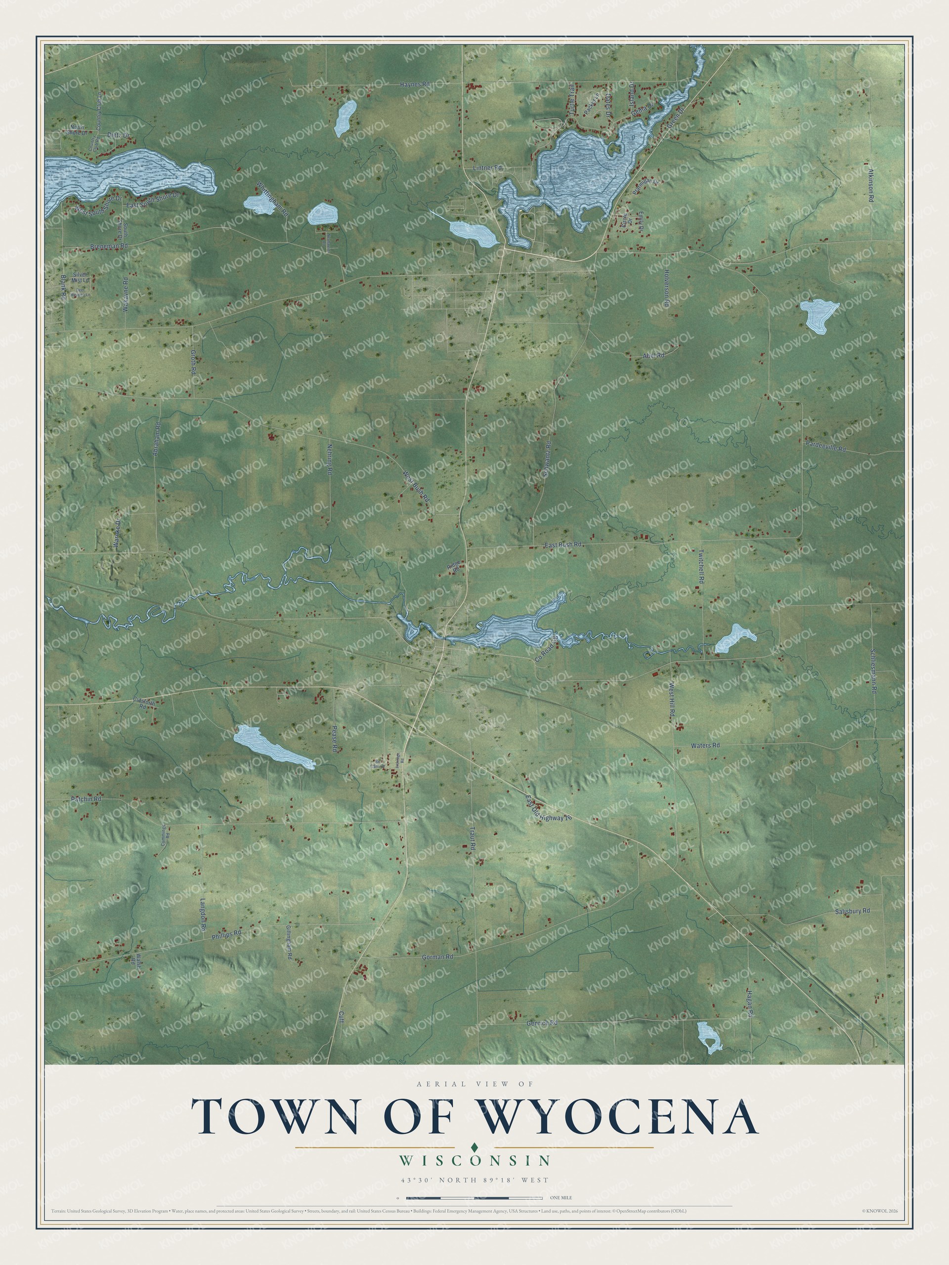 Full map of Wyocena, Wisconsin, with red buildings, printed street names and the land around them