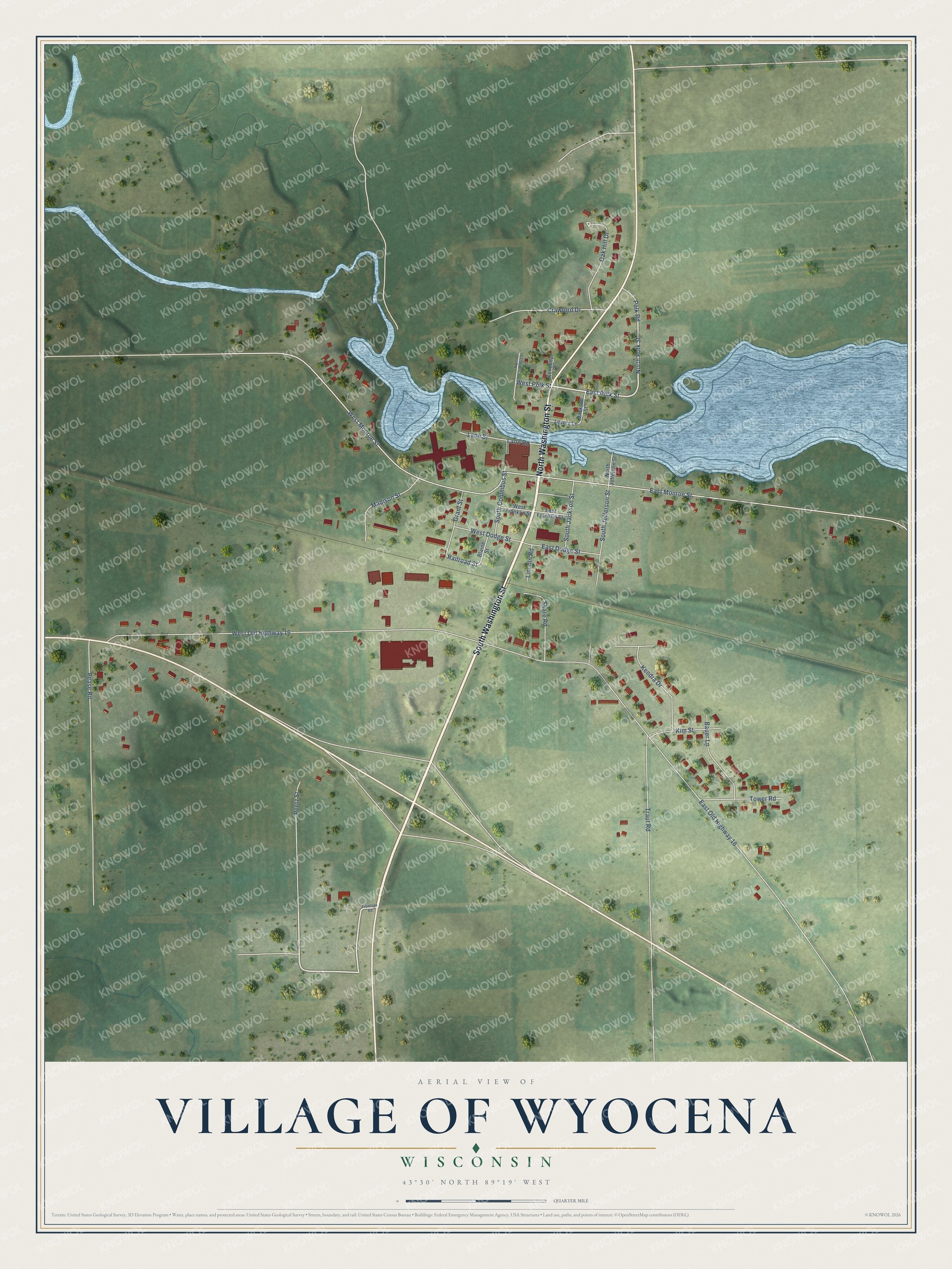 Full map of Wyocena, Wisconsin, with red buildings, printed street names and the land around them