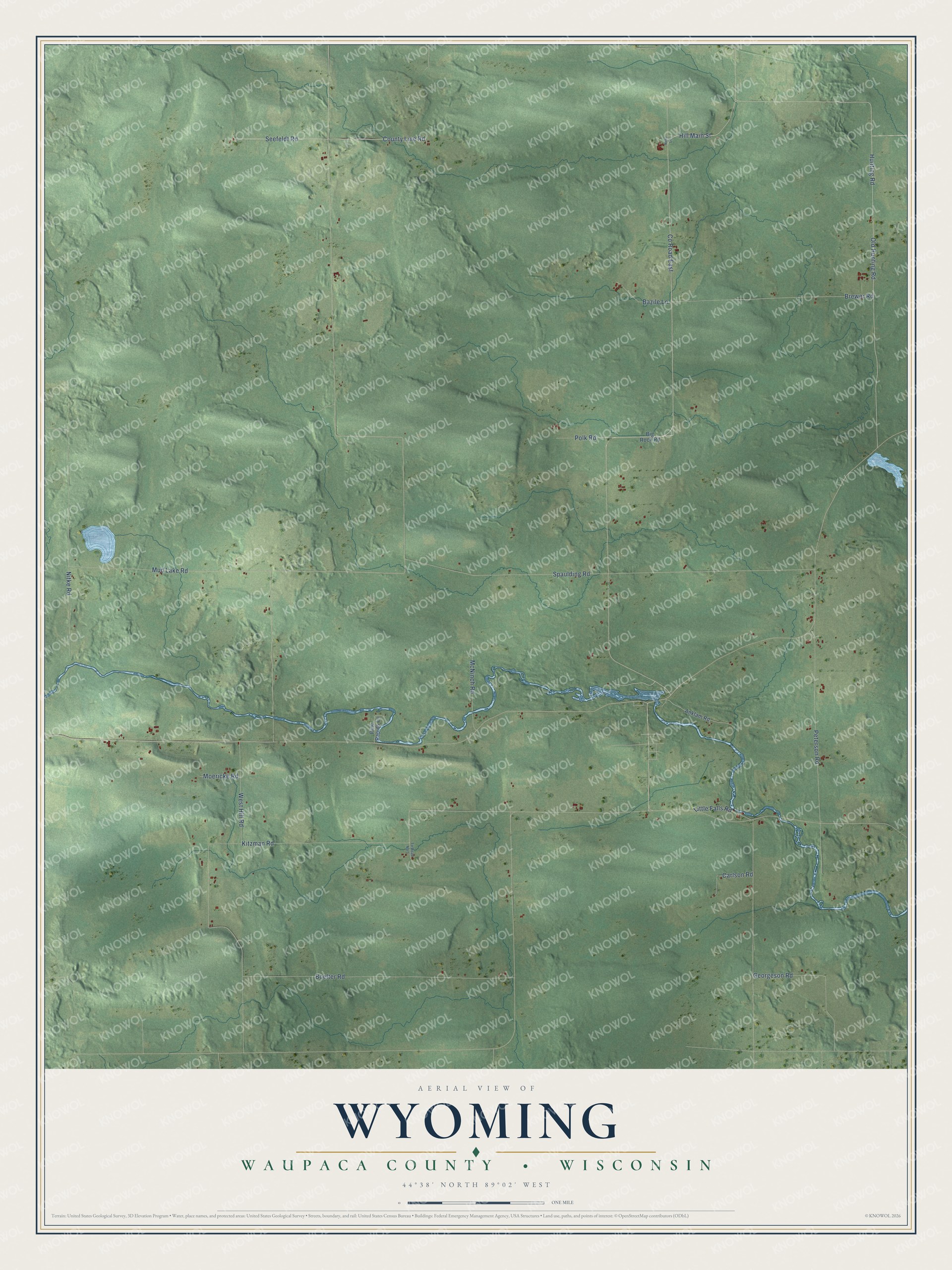 Full map of Wyoming, Wisconsin, with red buildings, printed street names and the land around them