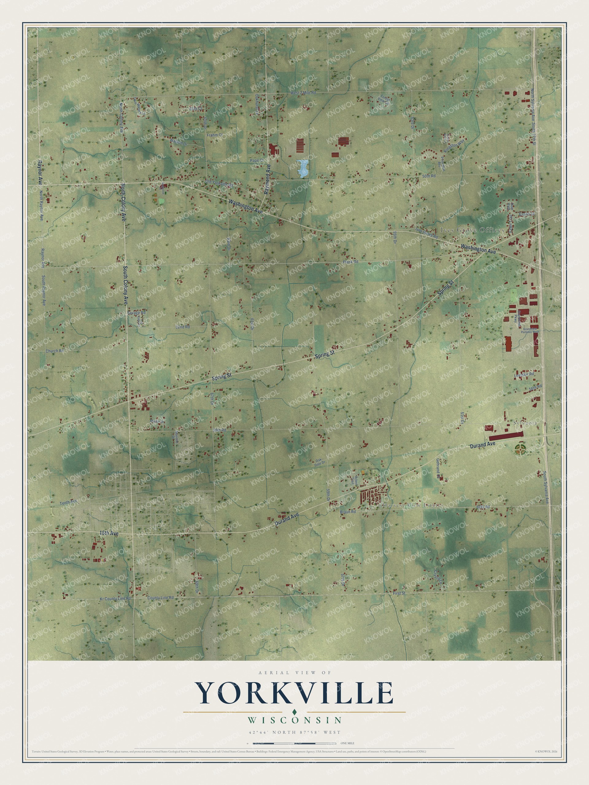 Full map of Yorkville, Wisconsin, with red buildings, printed street names and the land around them