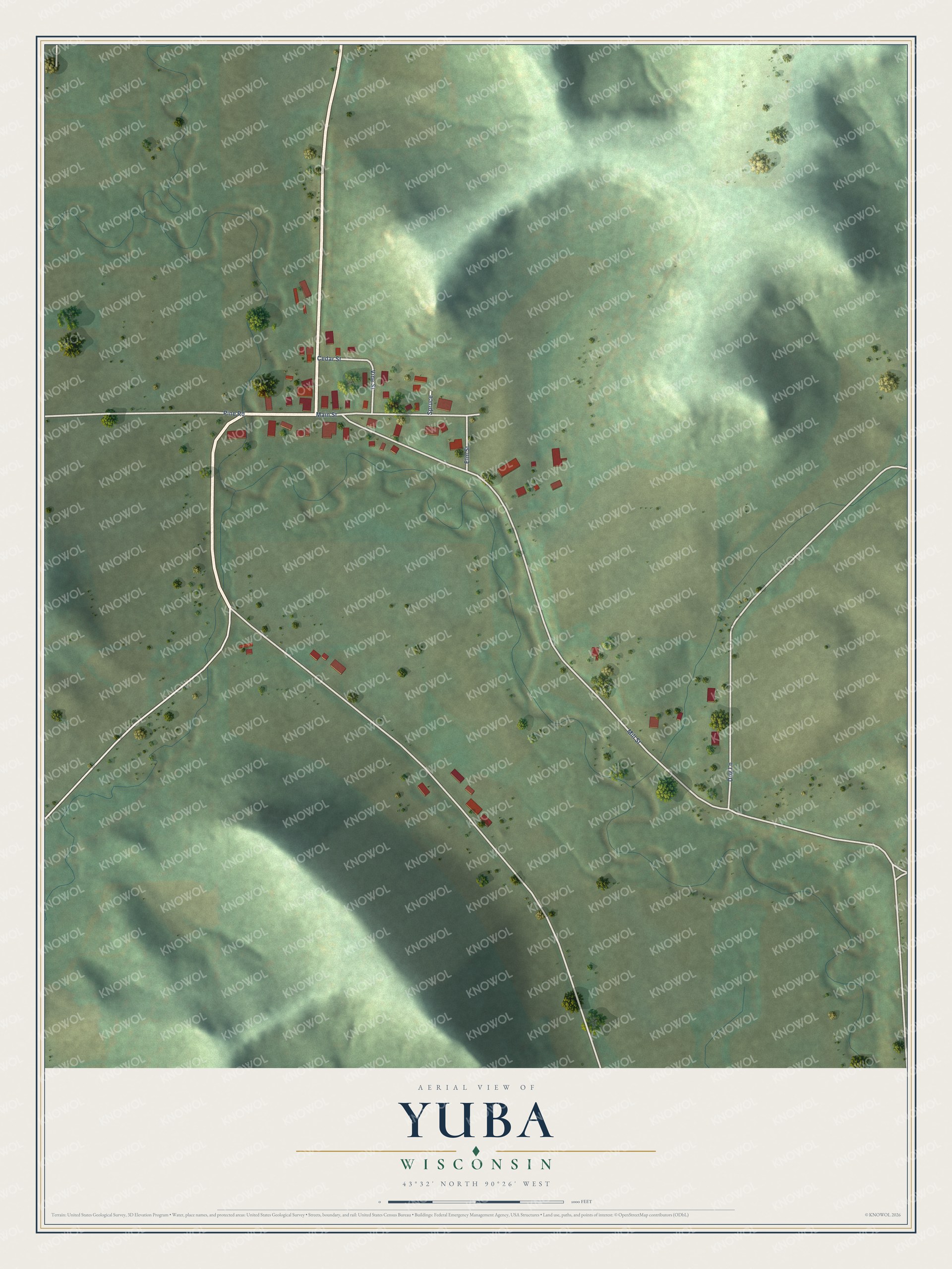 Full map of Yuba, Wisconsin, with red buildings, printed street names and the land around them